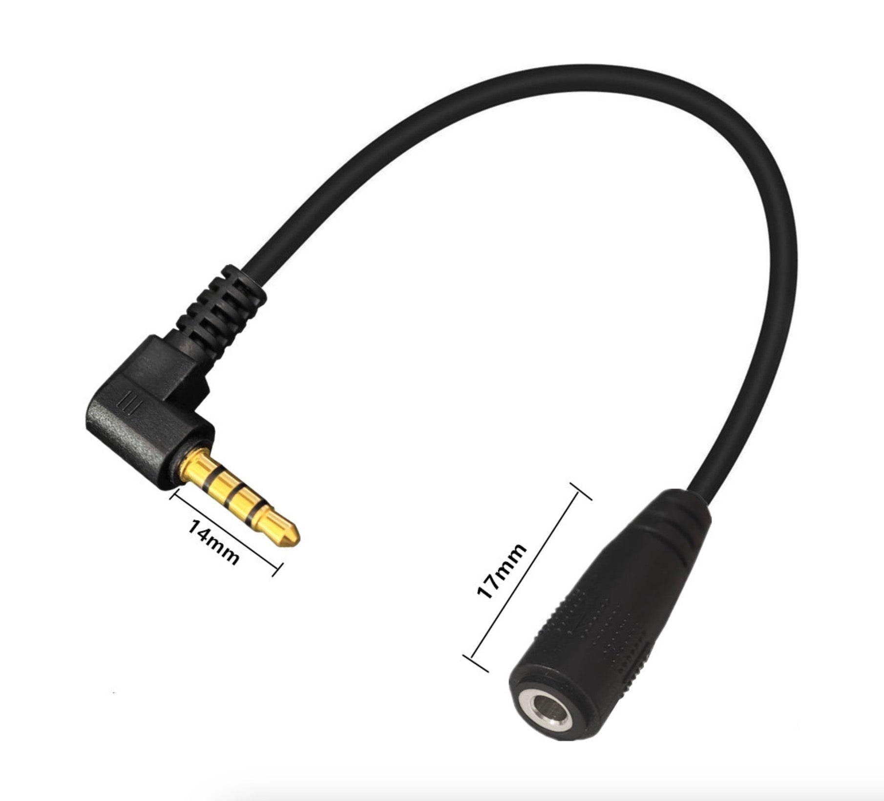 Black audio cable adapter with 3.5mm plug and measurements on a white background