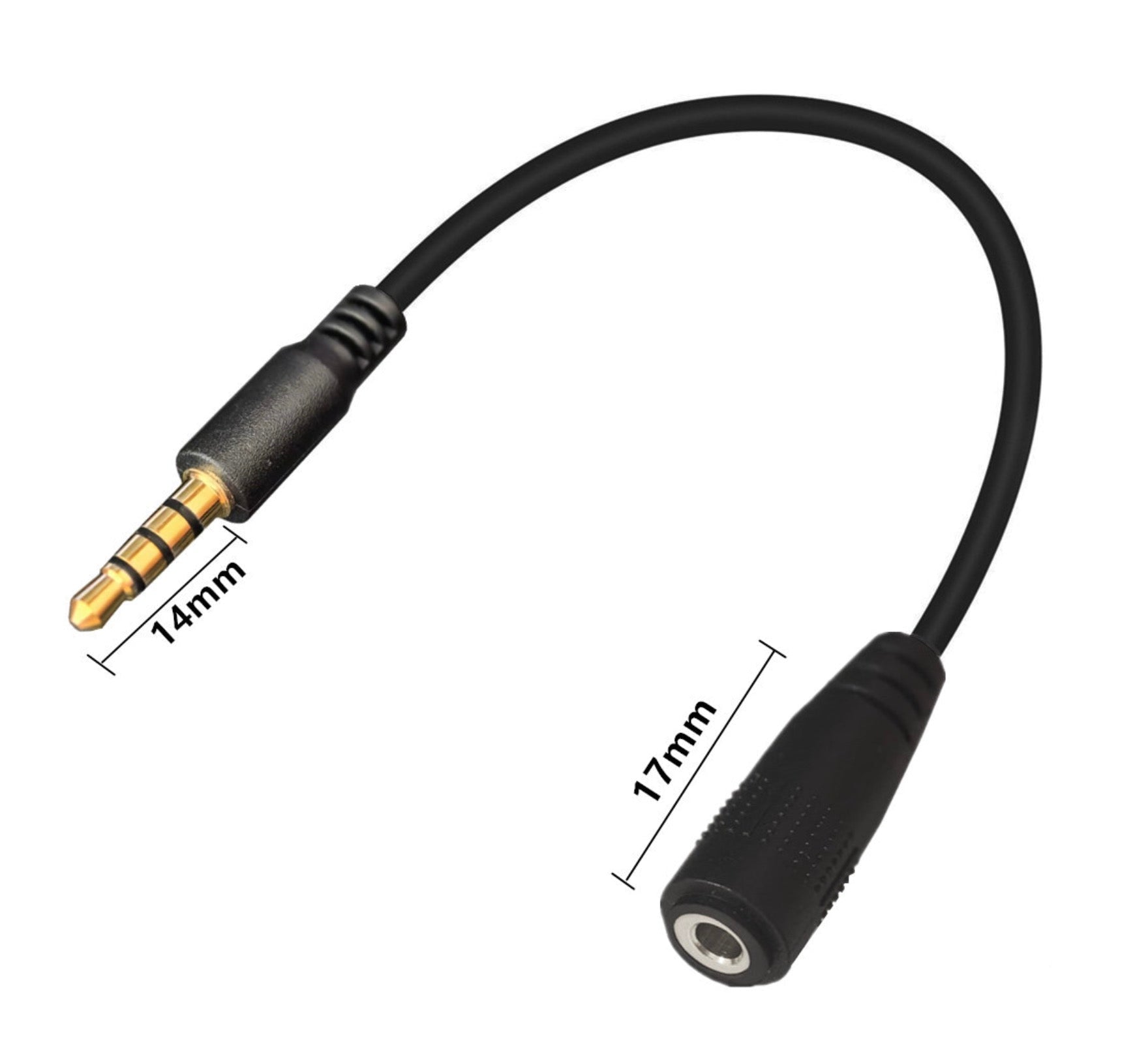 Black audio cable with 3.5mm plug and 6.35mm jack on a white background