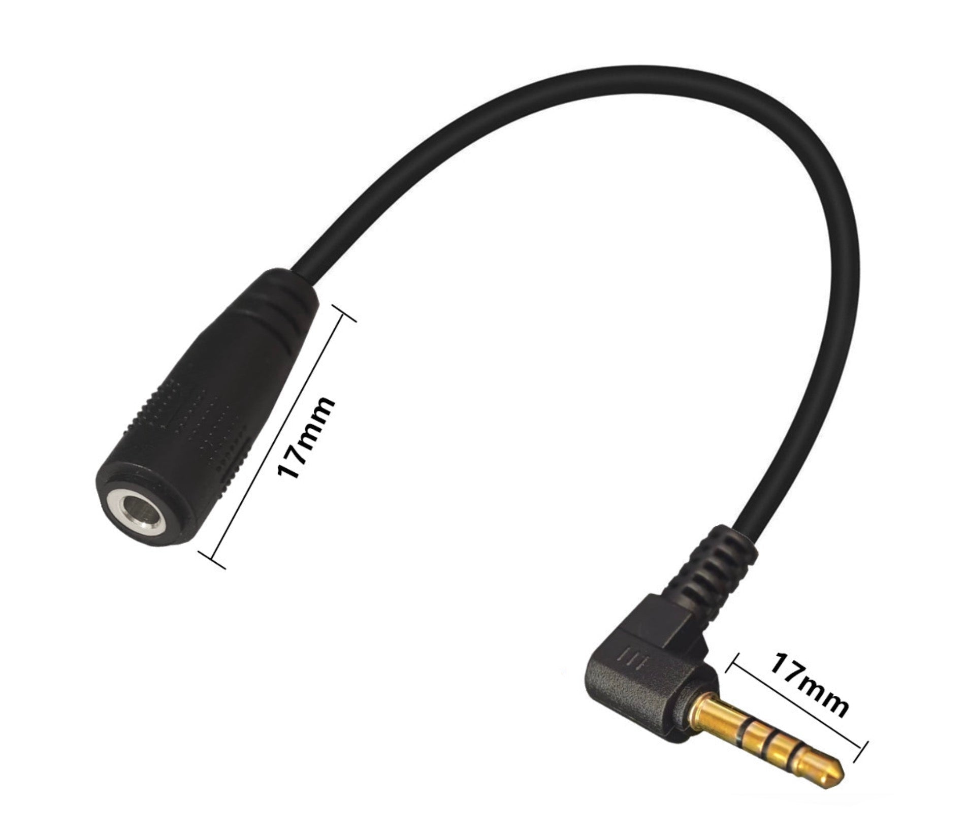 Black audio cable adapter with measurements on a white background