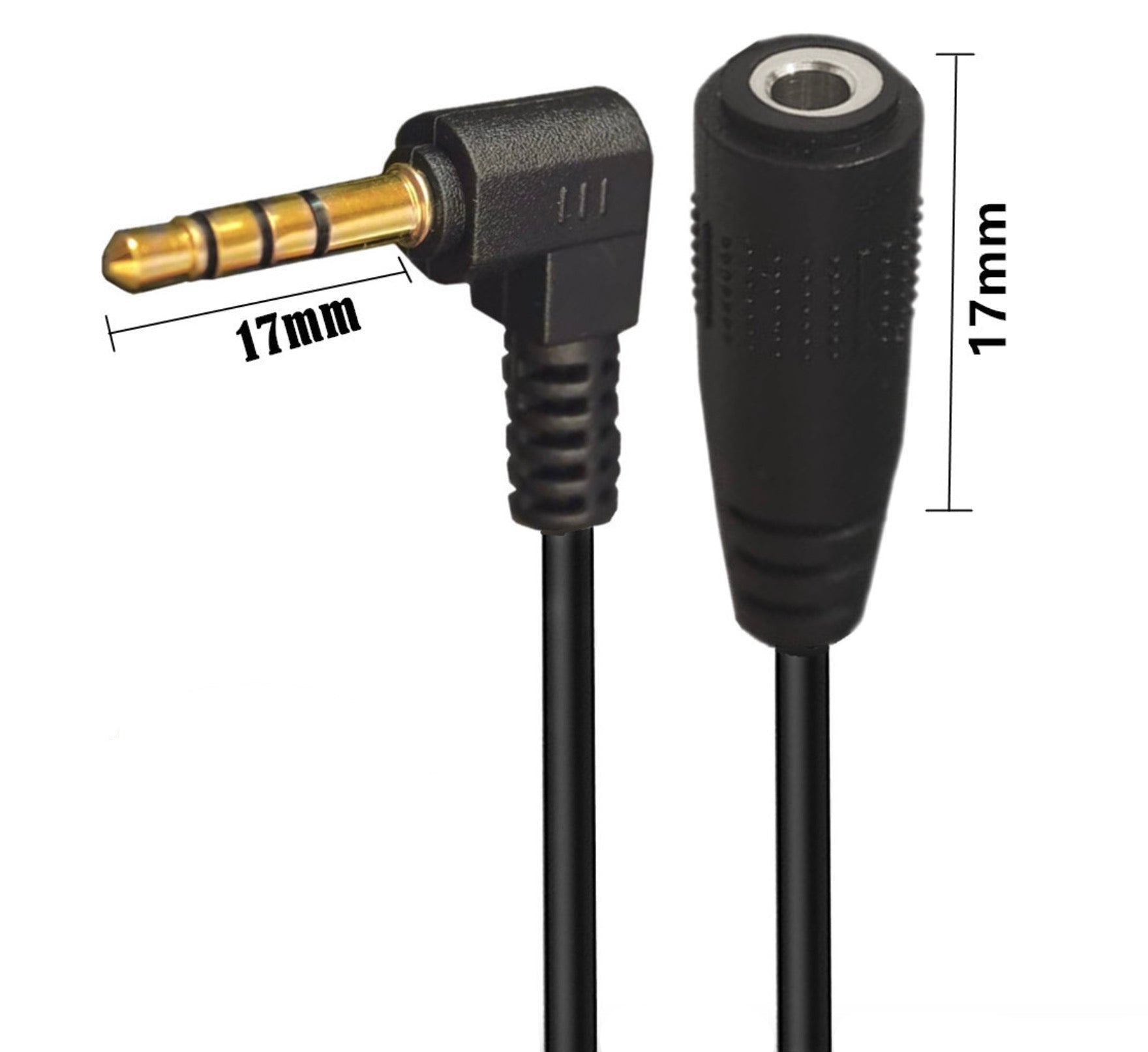 Black audio cable with 3.5mm plug and measurements on a white background