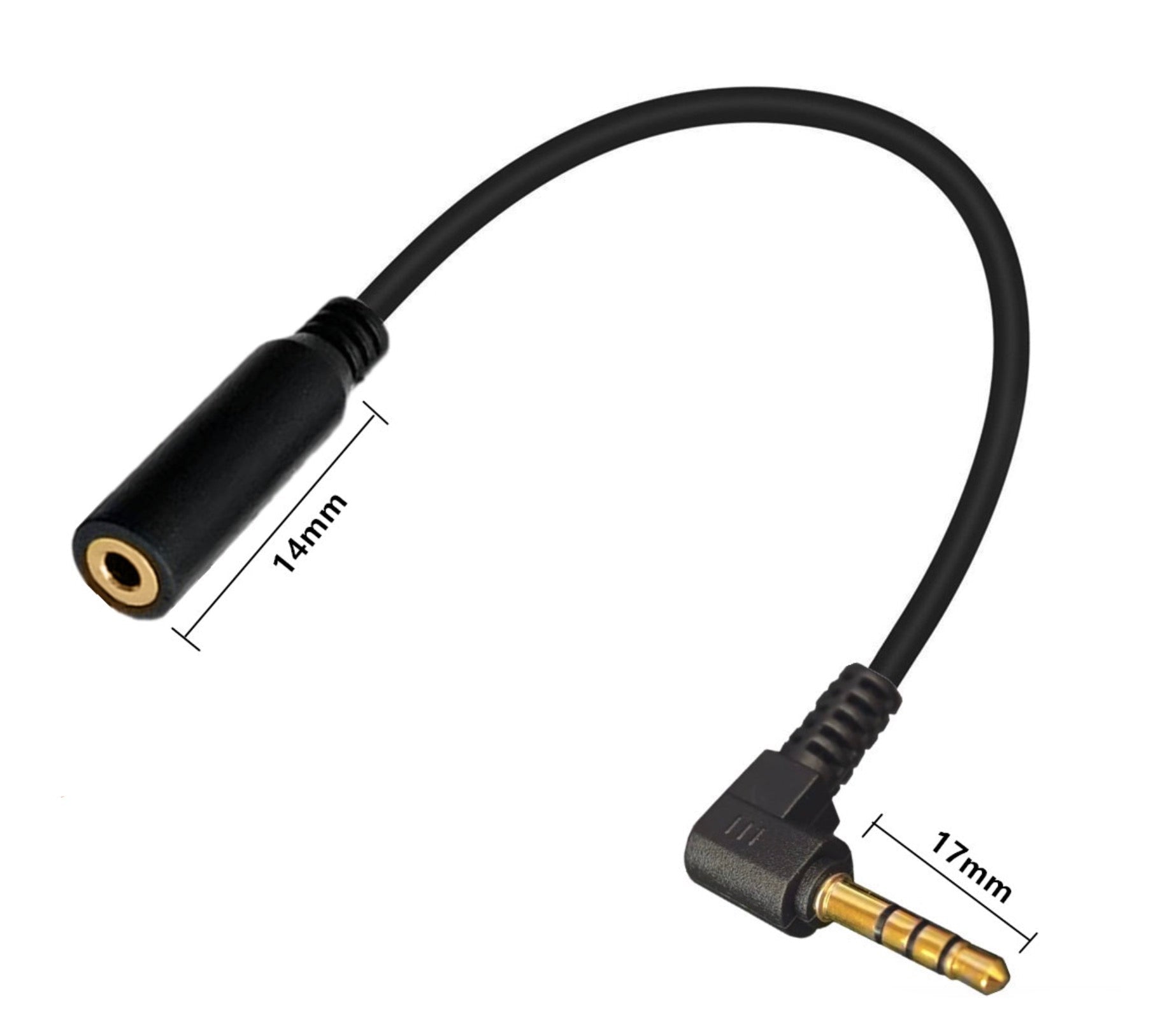 Black audio adapter cable with measurements on a white background