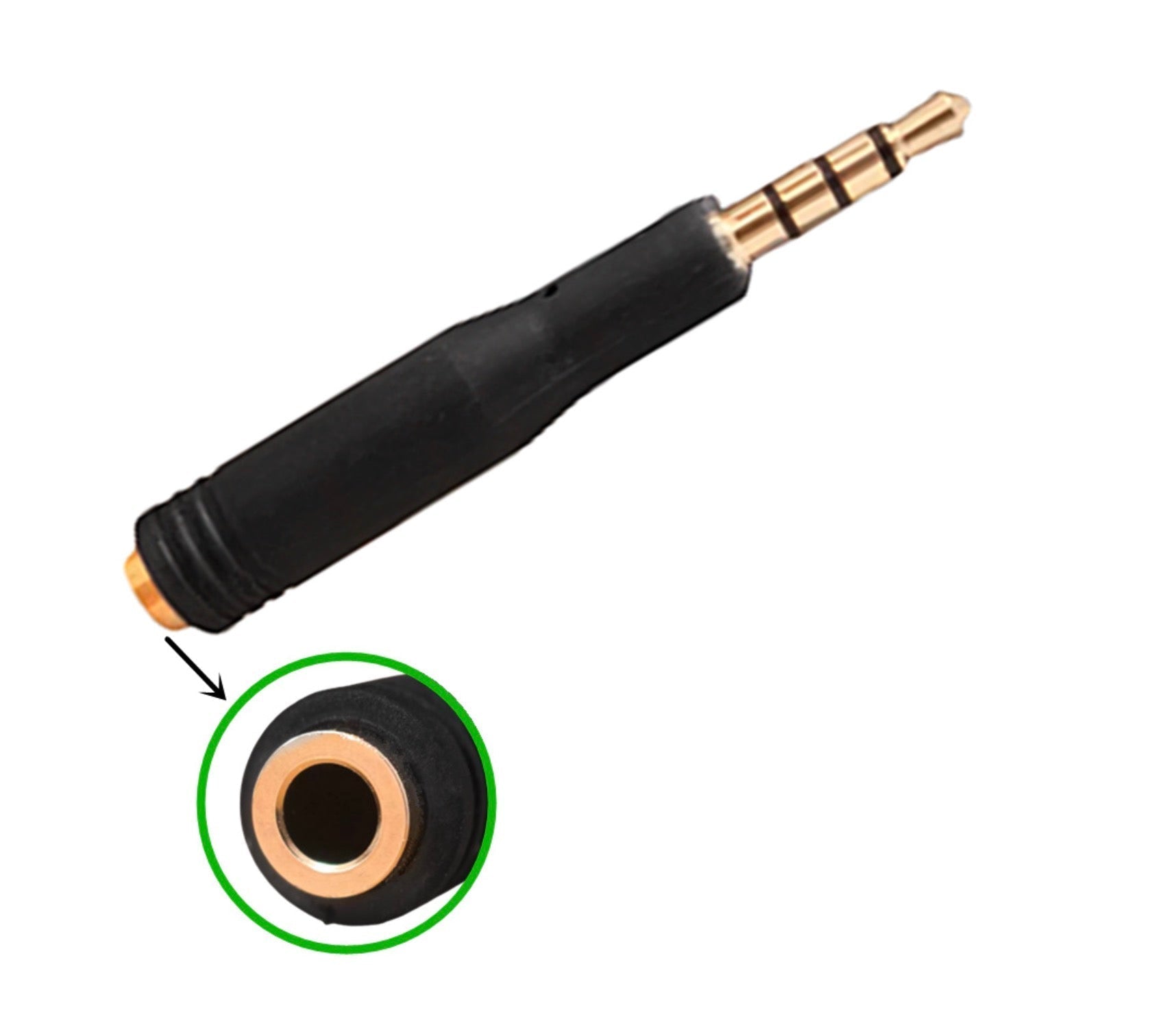 Black and gold audio adapter with close-up of gold contact on a white background