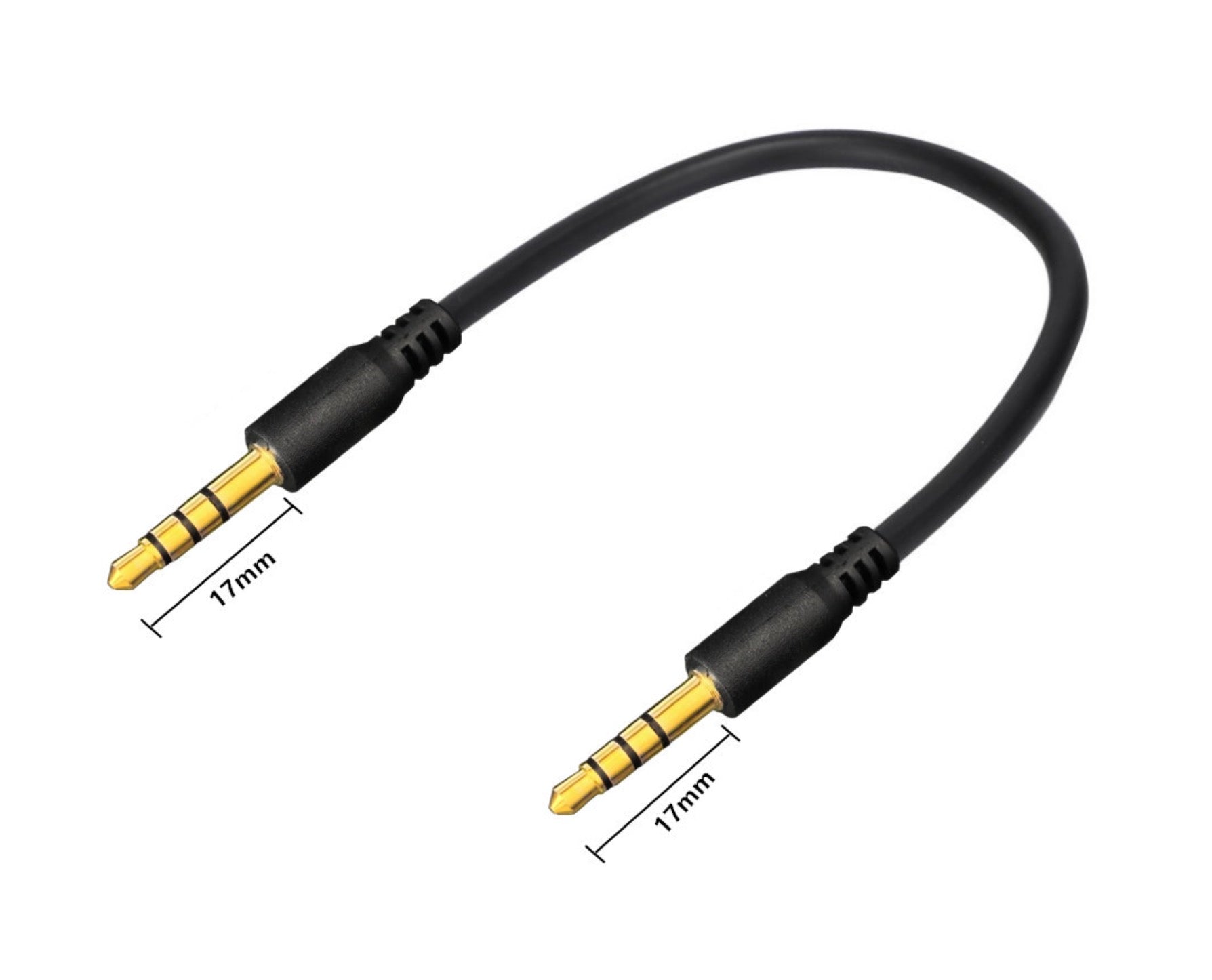 Black audio cable with gold connectors on a white background