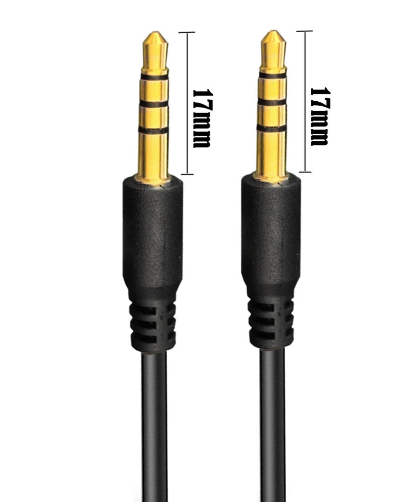Two audio cables with gold connectors and black insulation, showing measurements on a white background.