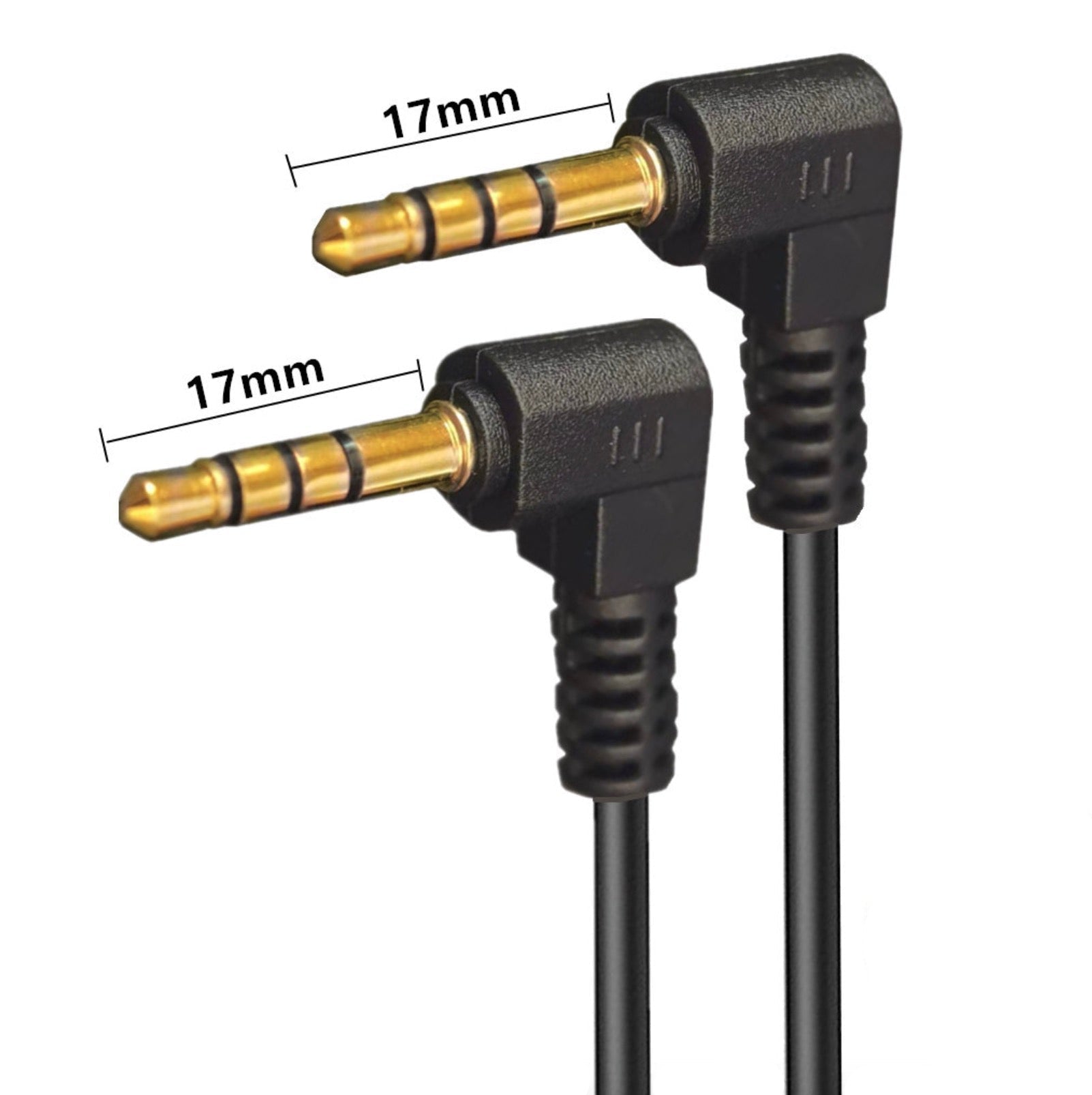 Black audio cable with gold connectors, showing dimensions on a white background