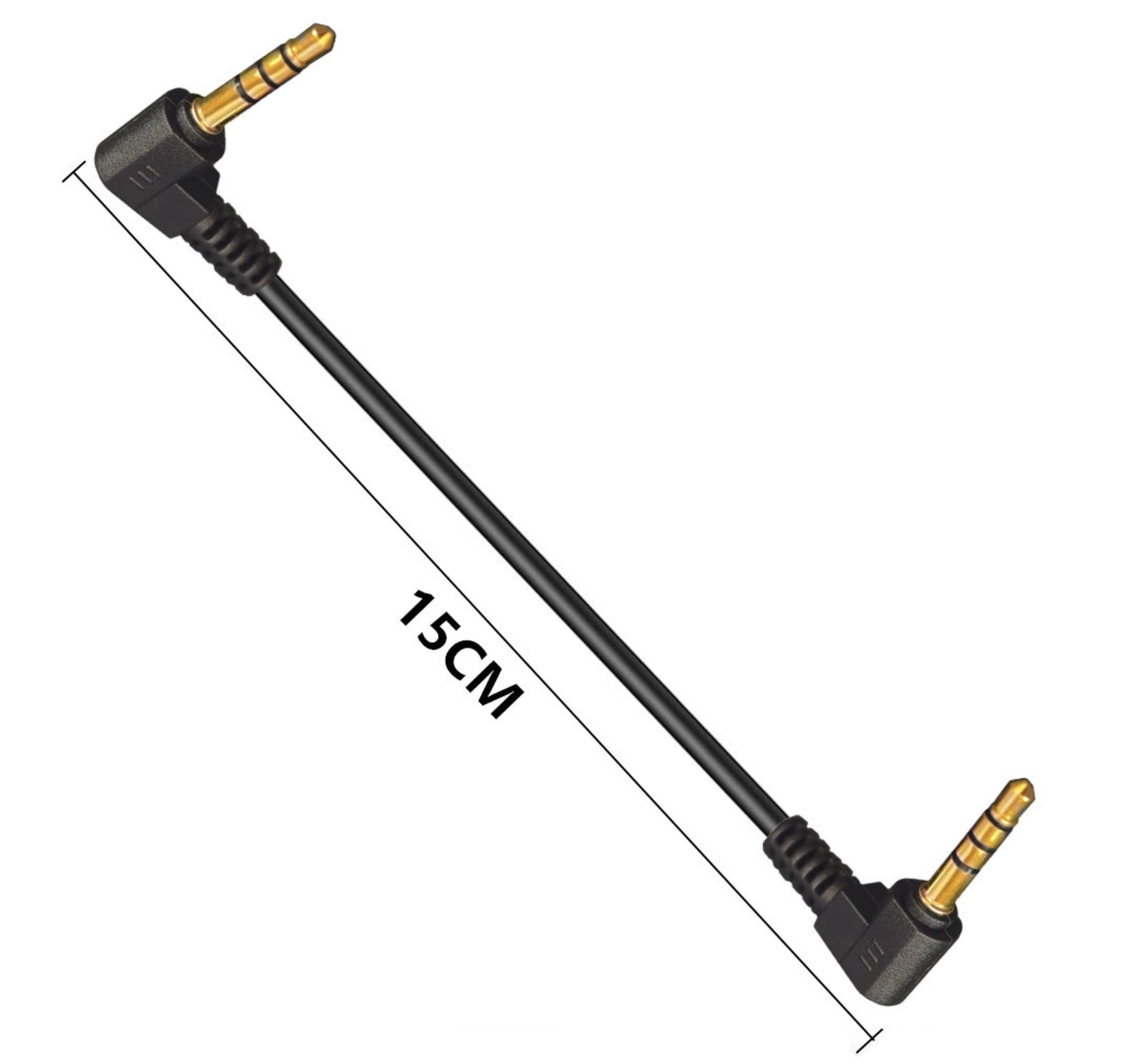 Black audio cable with 3.5mm connectors, 15cm long, on a white background