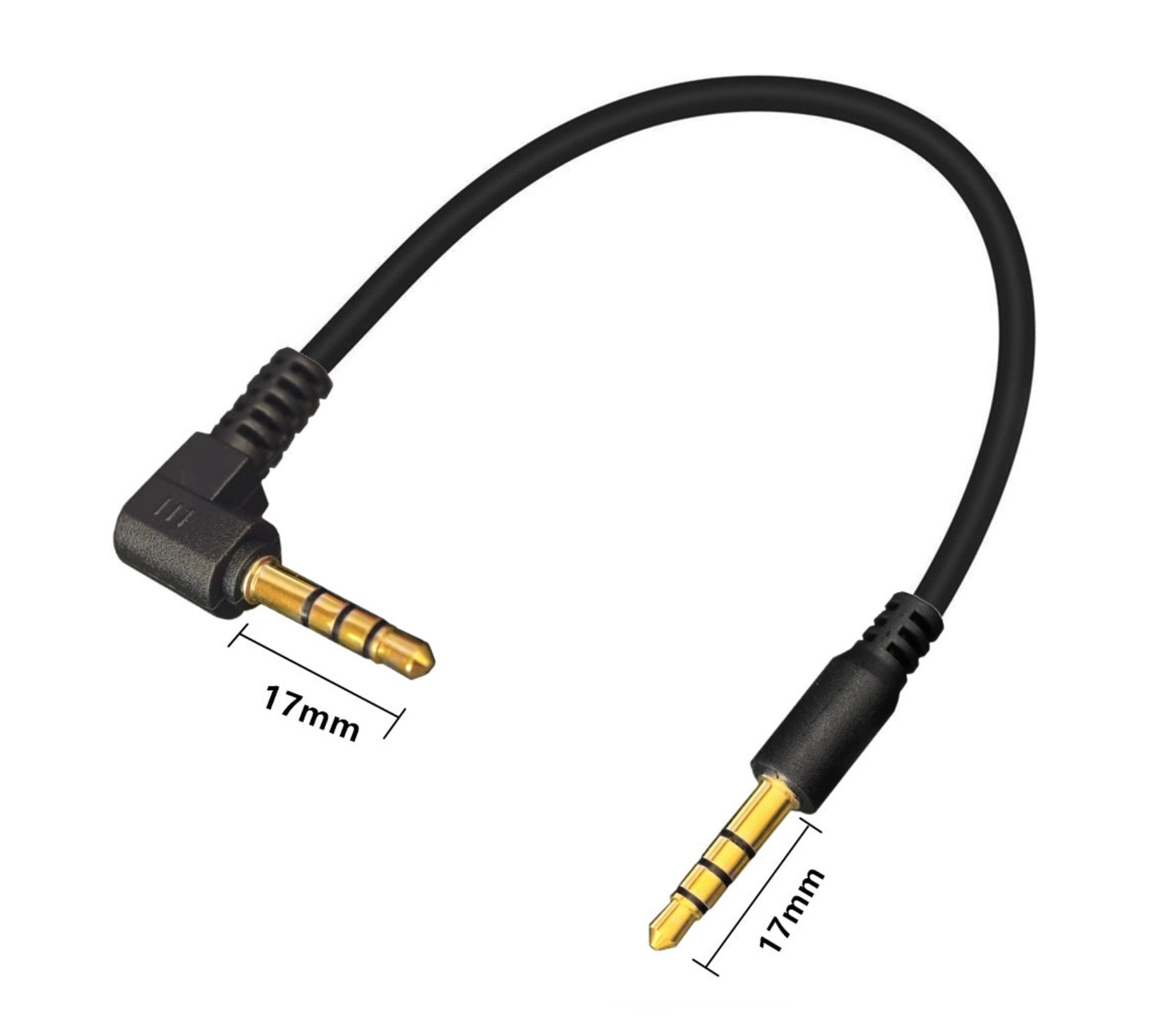 Black audio cable with gold connectors on a white background