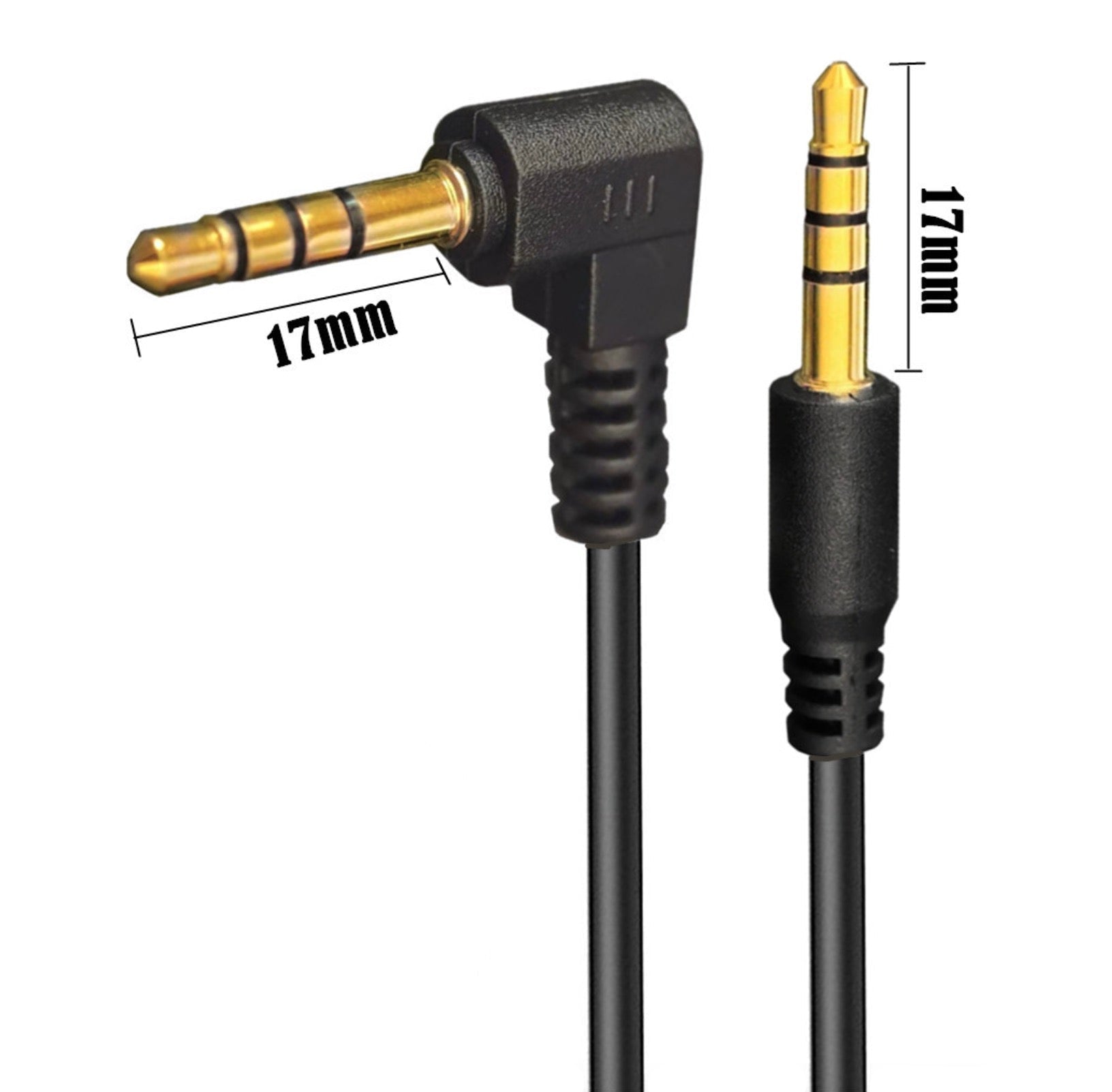Black audio cable with gold connectors on a white background