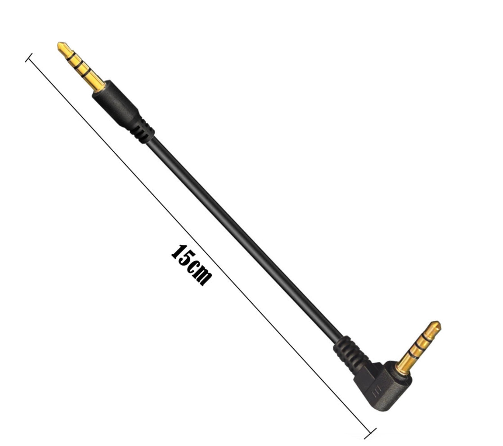 Black audio cable with gold connectors on a white background, showing a measurement of 15cm.