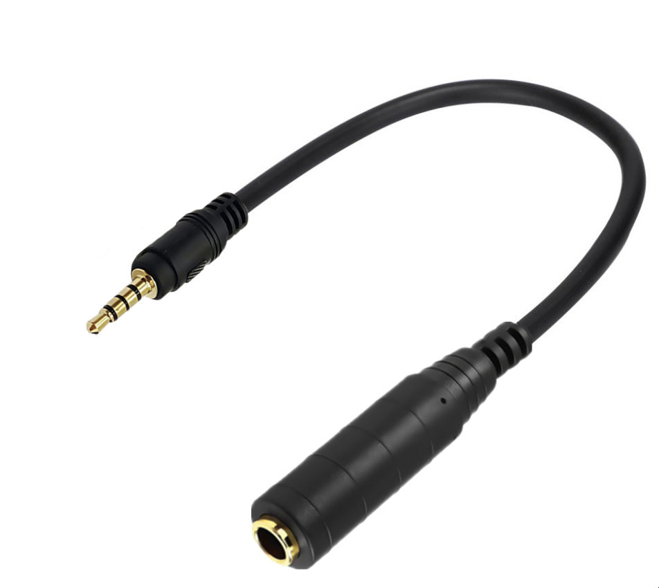 Black audio adapter cable with 3.5mm plug on white background