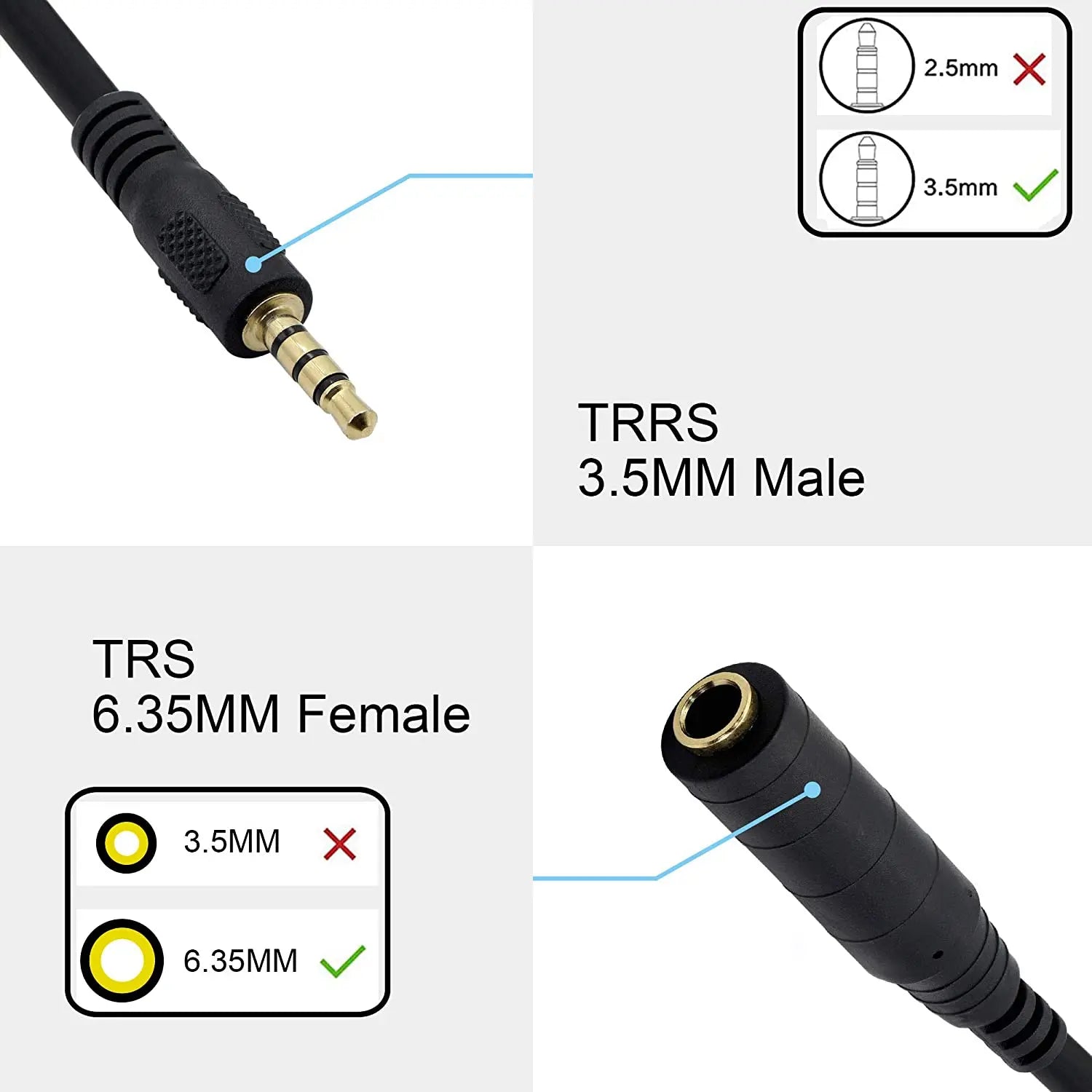 Audio cable with TRS 6.35mm female and TRRS 3.5mm male connectors on a white background.