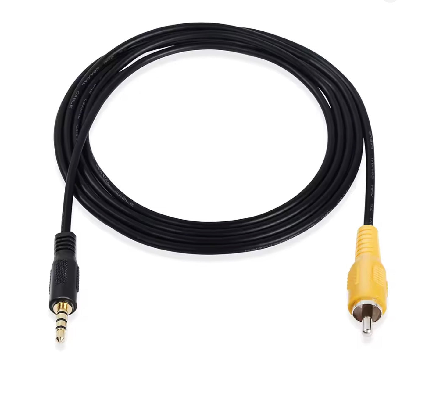 Black audio cable with 3.5mm plug and RCA plug on a white background