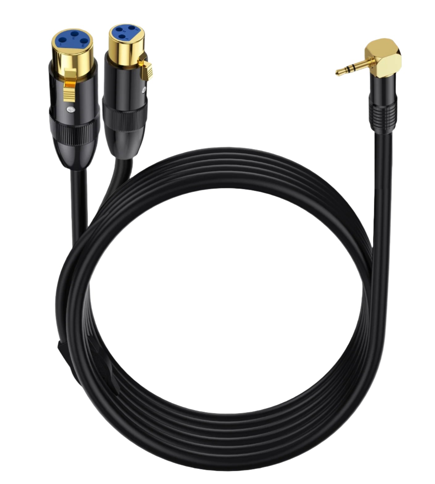 Black audio cable with XLR and TRS connectors on a white background