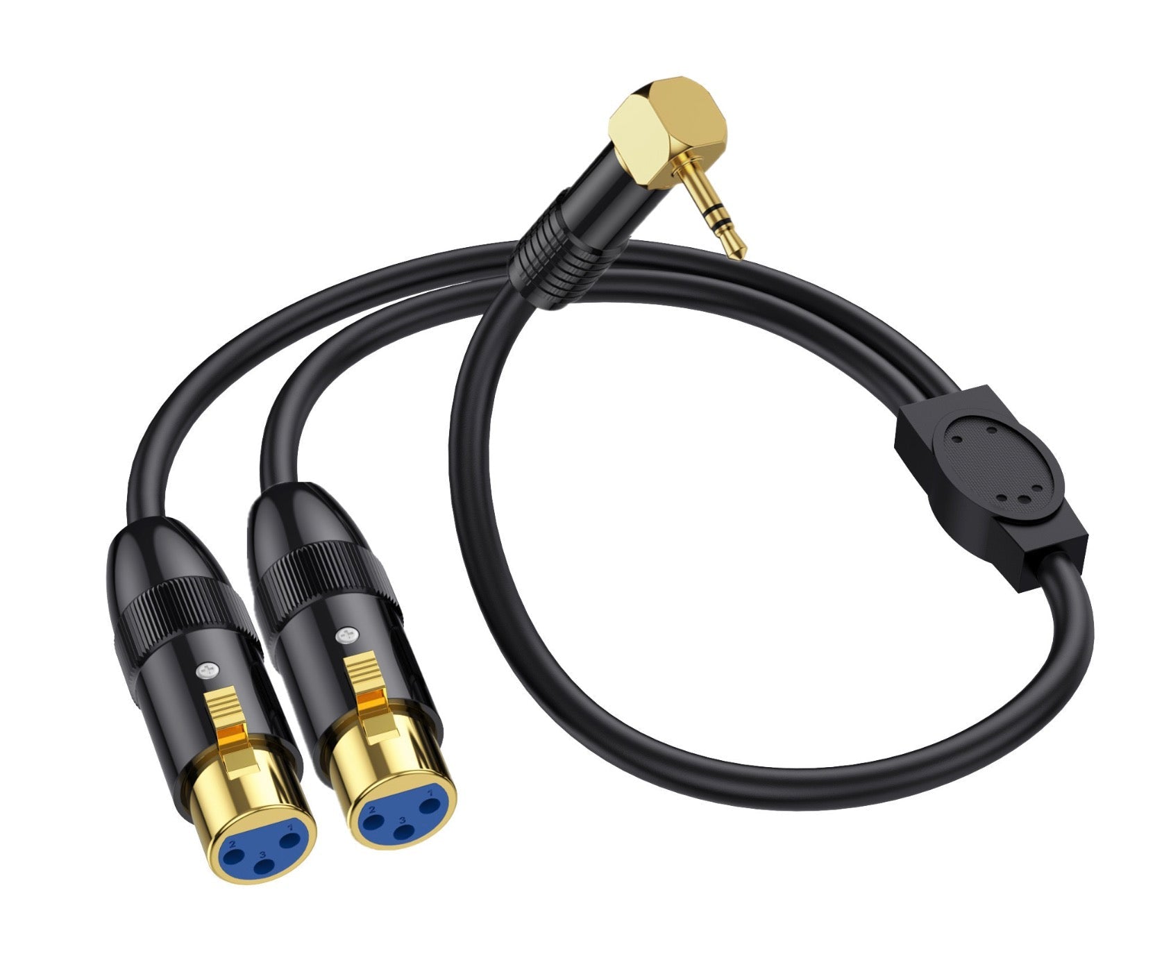 Audio cable with XLR and 3.5mm connectors on a white background