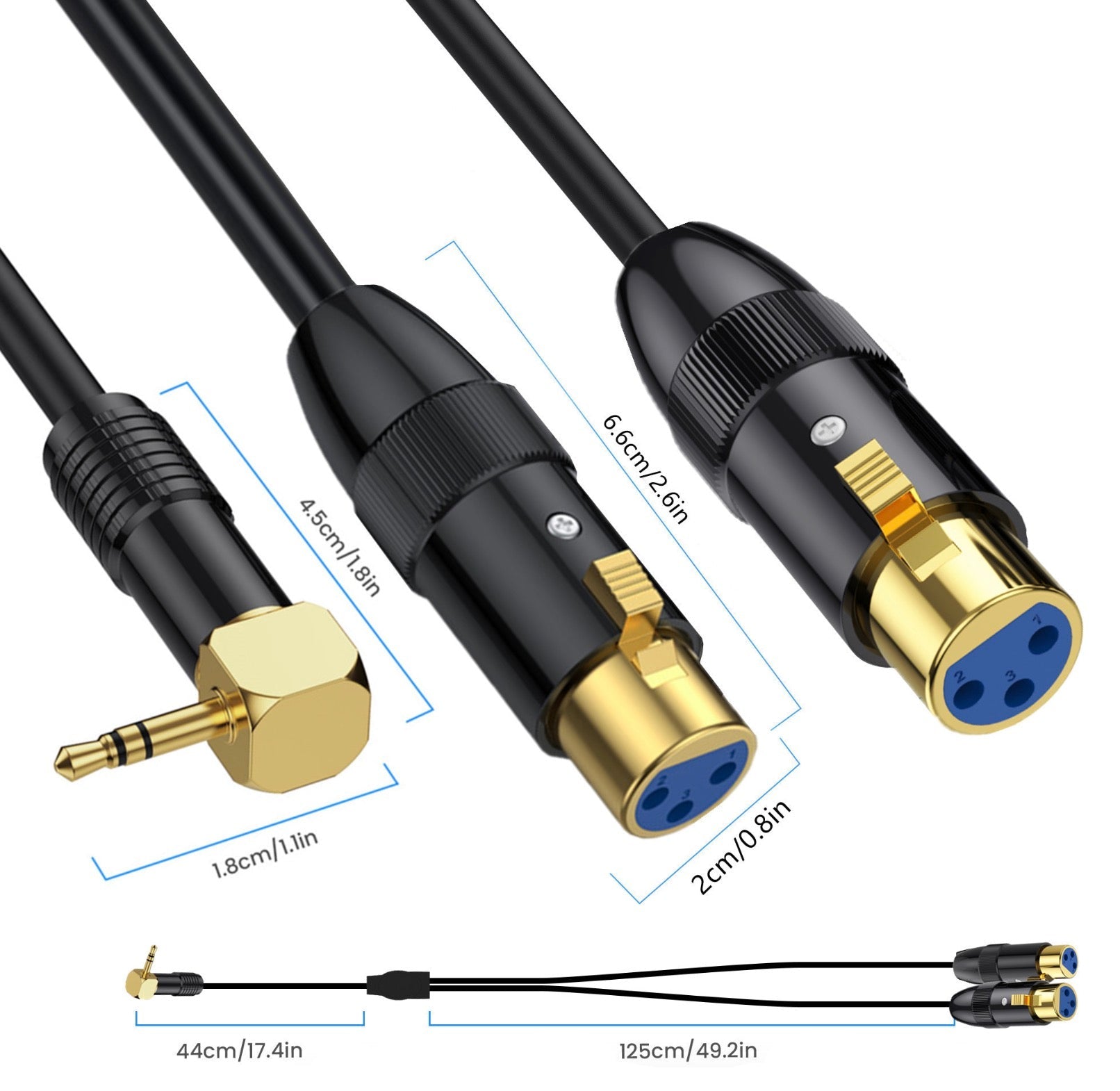 Two audio cables with different connectors and measurements on a white background