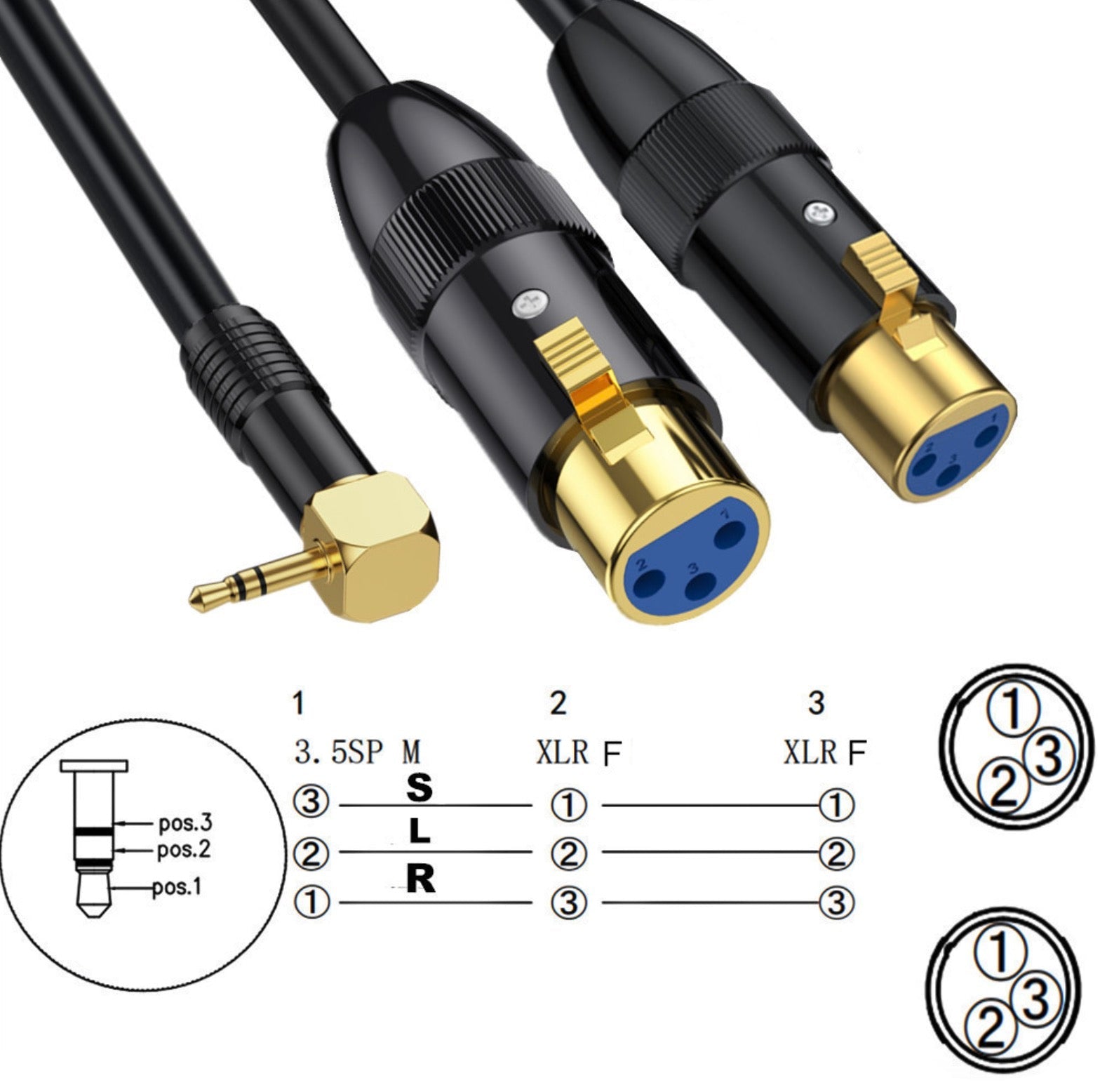 Three audio cables with different connectors on a white background