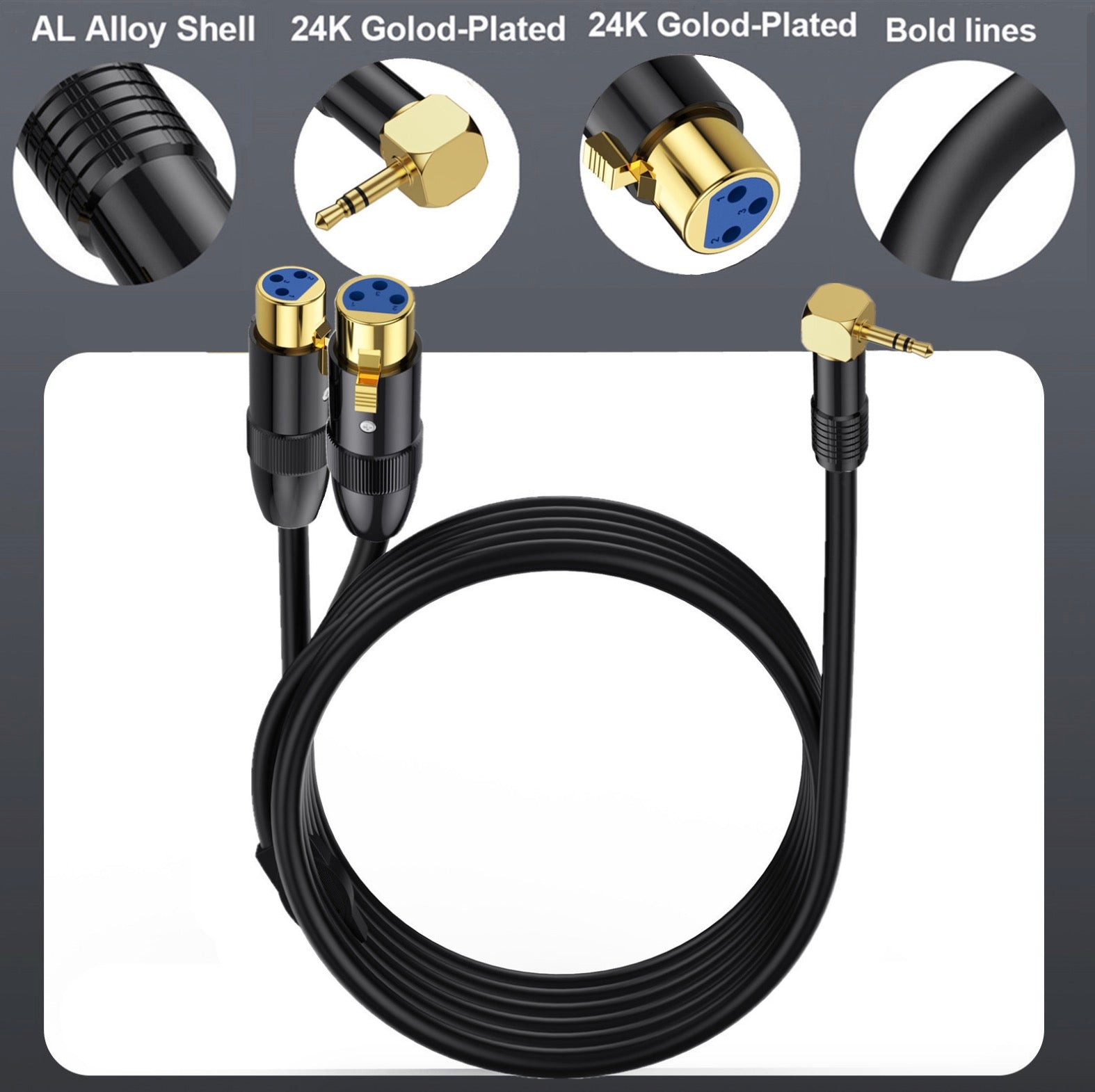 Dual XLR female connectors with angled 3.5mm plug