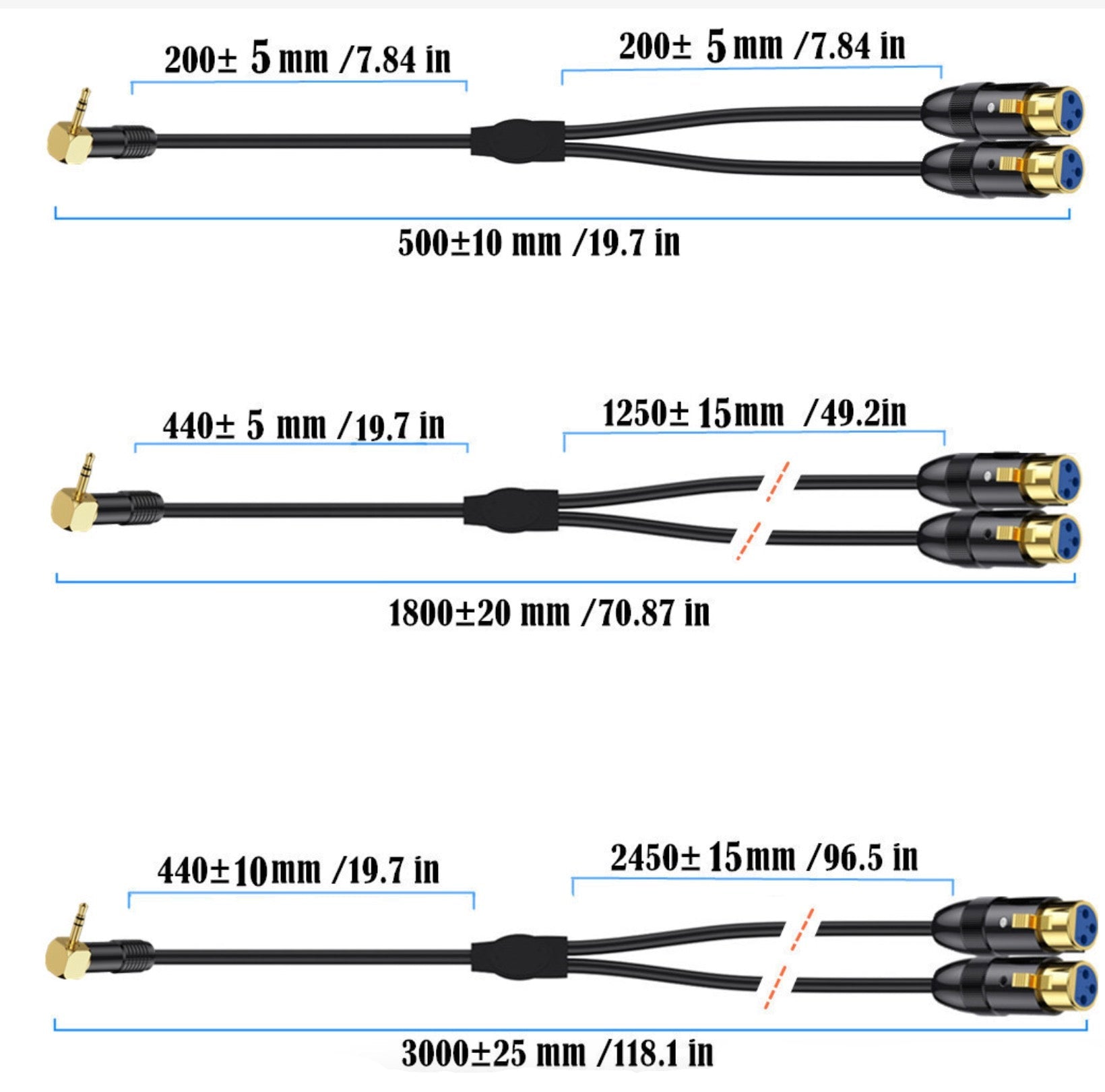 Measurement chart of various cable lengths with corresponding measurements in millimeters and inches.
