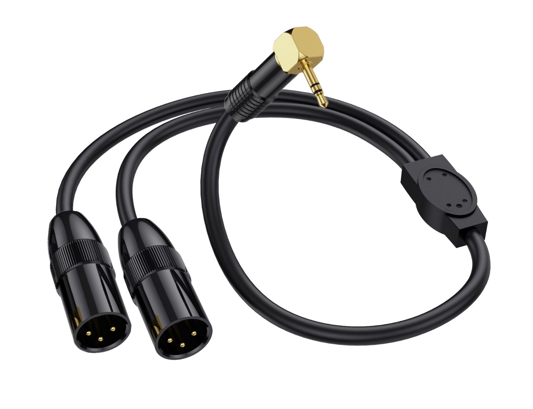 3.5mm TRS angled male to dual XLR male Y splitter cable
