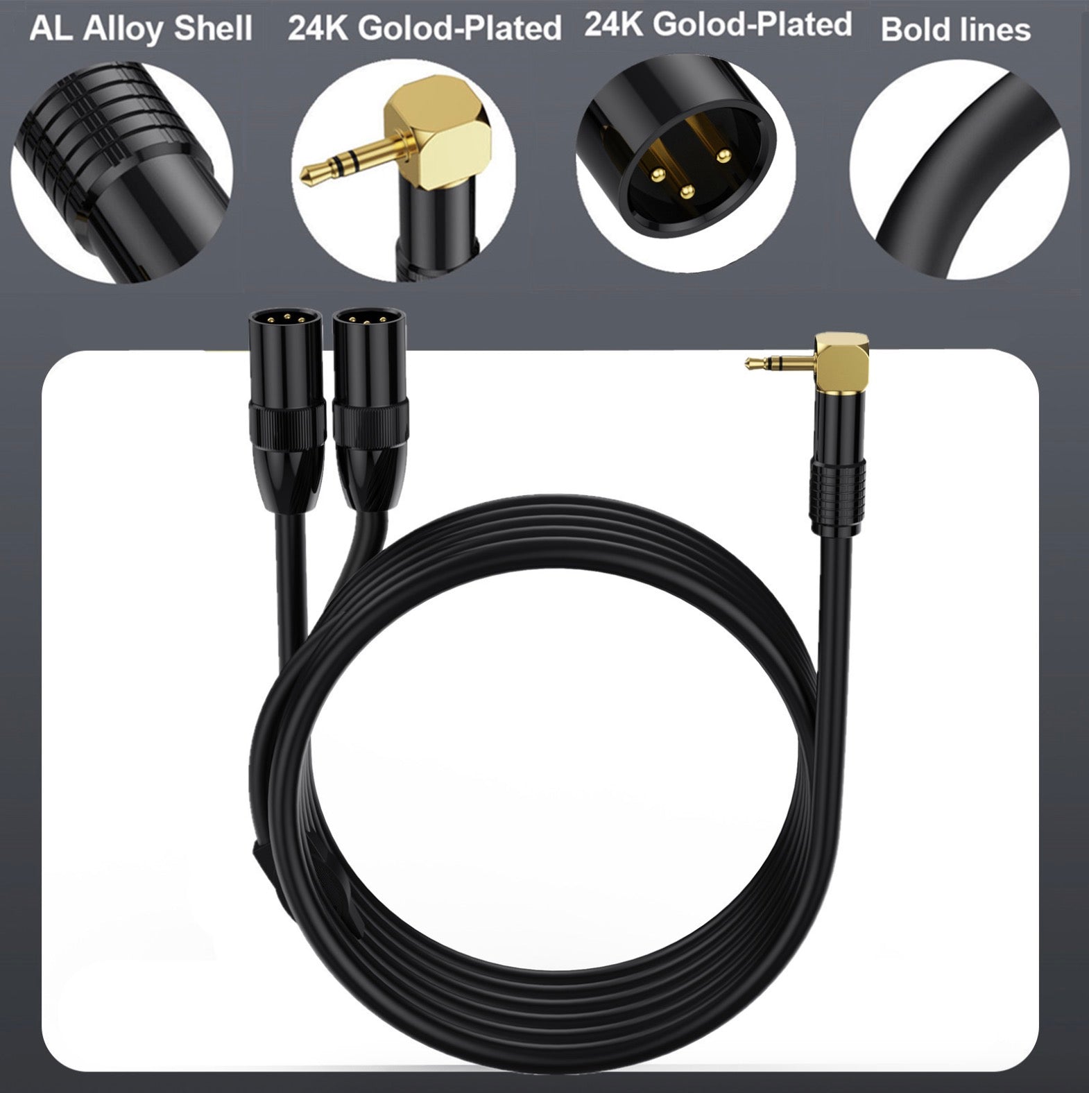 Dual XLR male connectors with angled 3.5mm plug