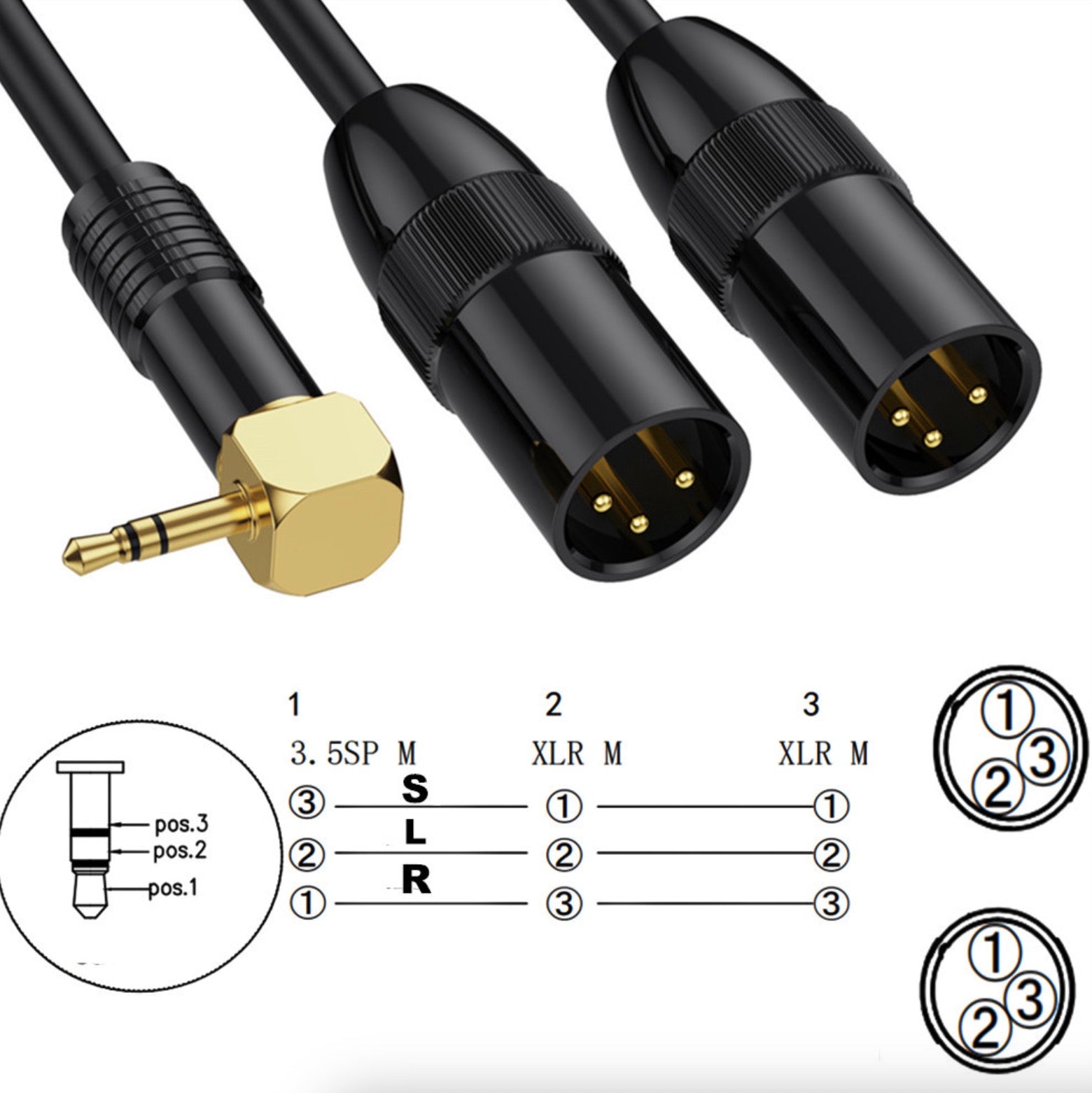 3.5mm TRS angled male to dual XLR male Y splitter cable