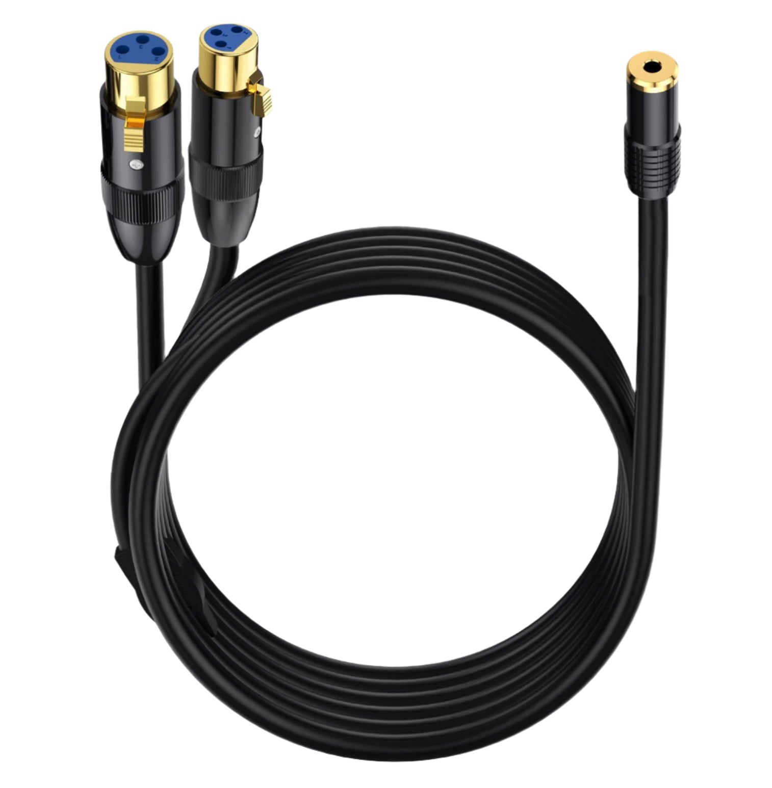 Black audio cable with three different connectors on a white background