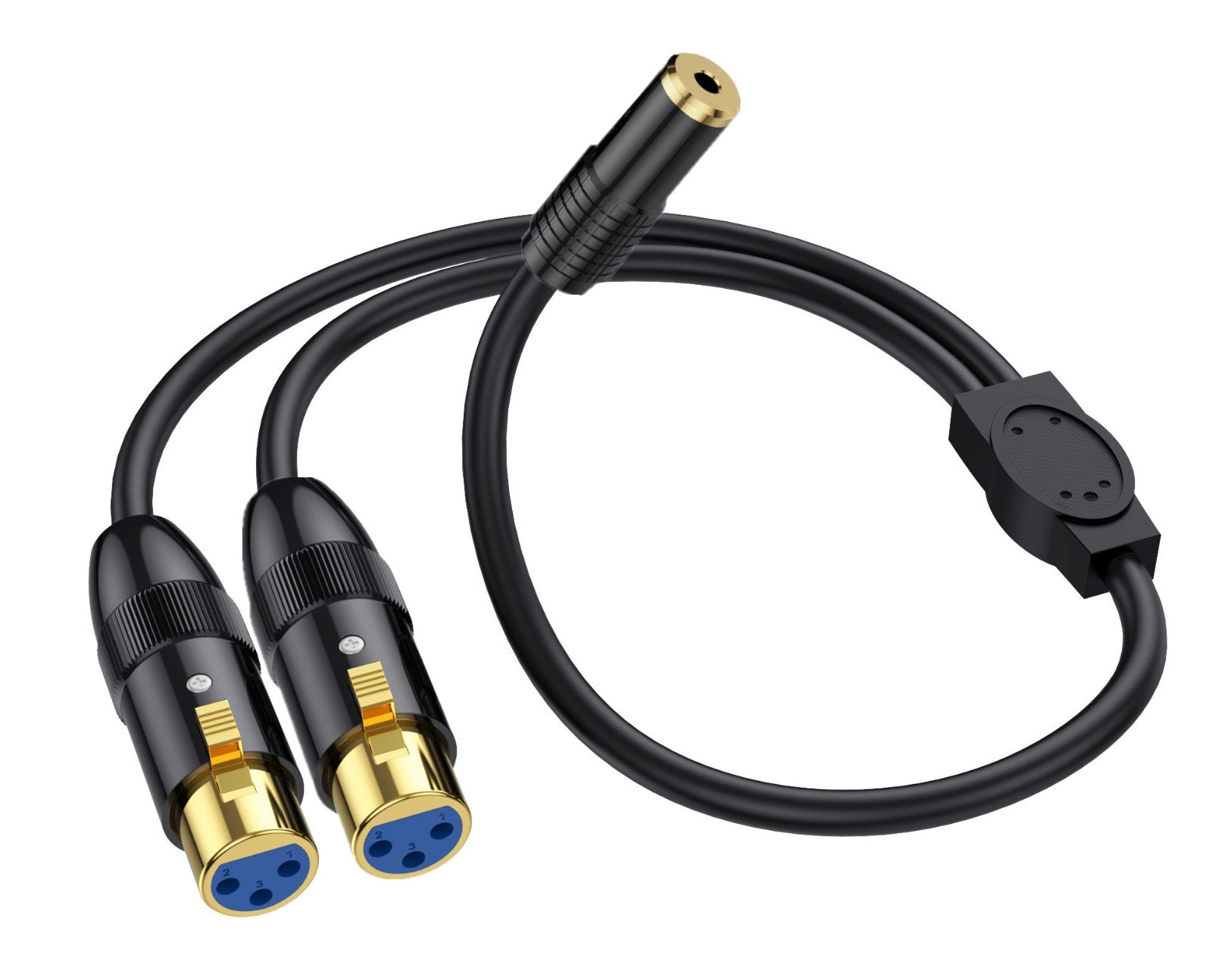 3.5mm audio socket to dual XLR female connectors close up