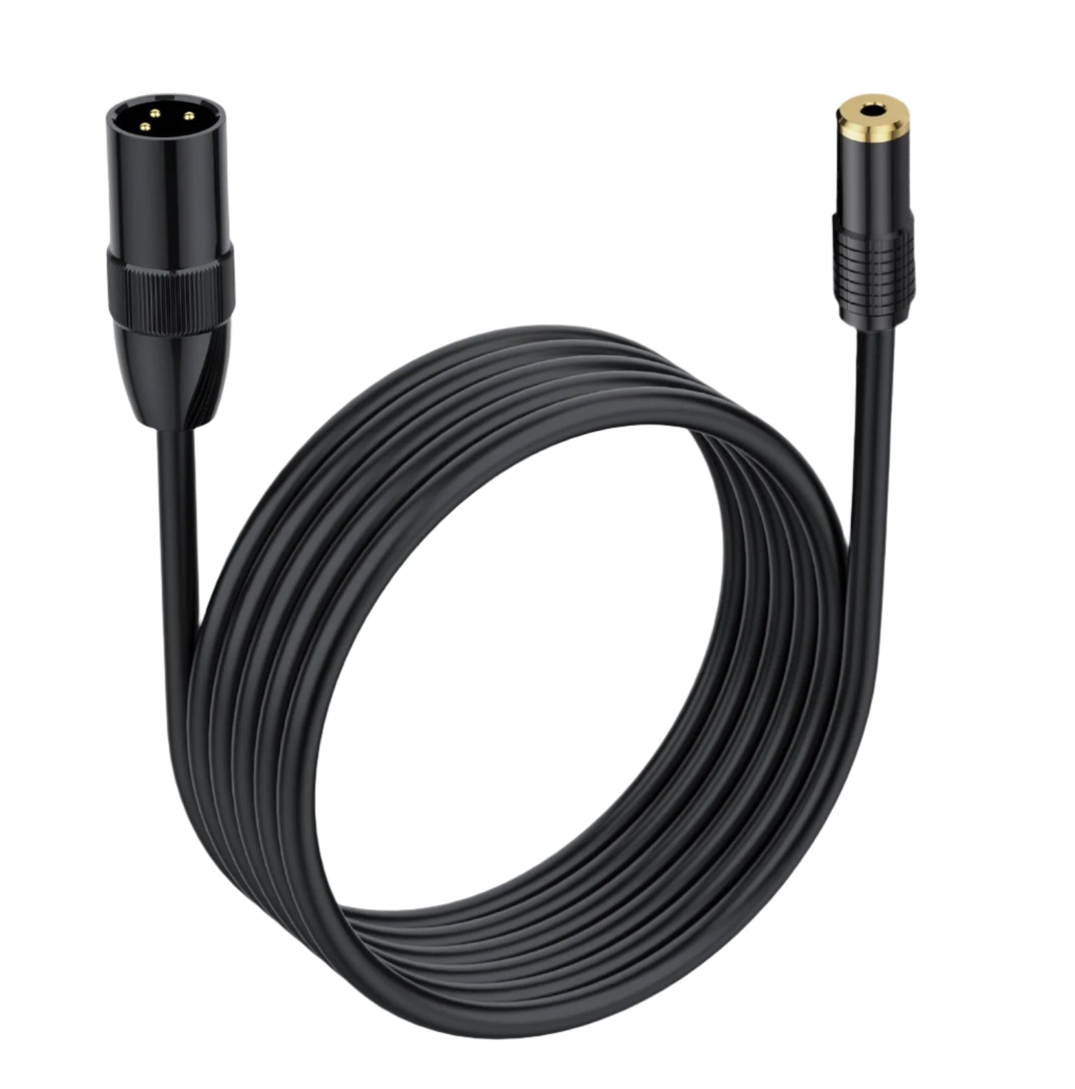Black audio cable with XLR connectors on a white background