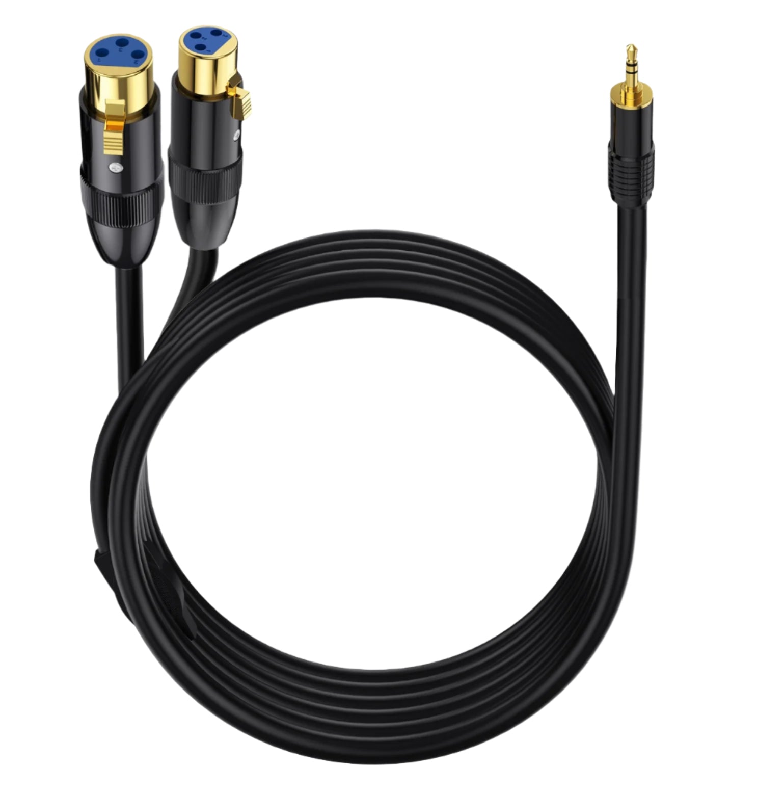 Black audio cable with various connectors on a white background