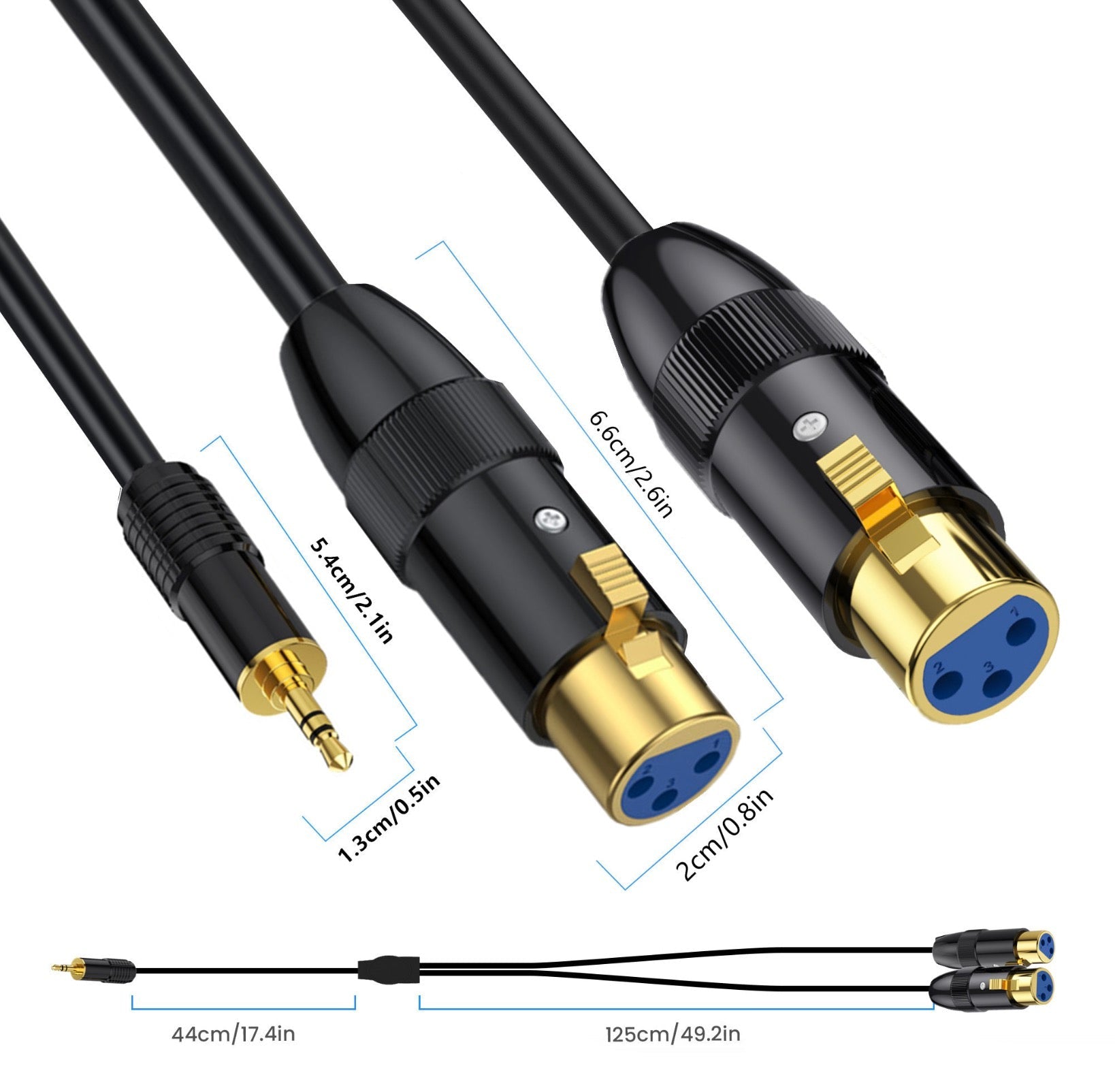 Two audio cables with XLR and 3.5mm connectors on a white background