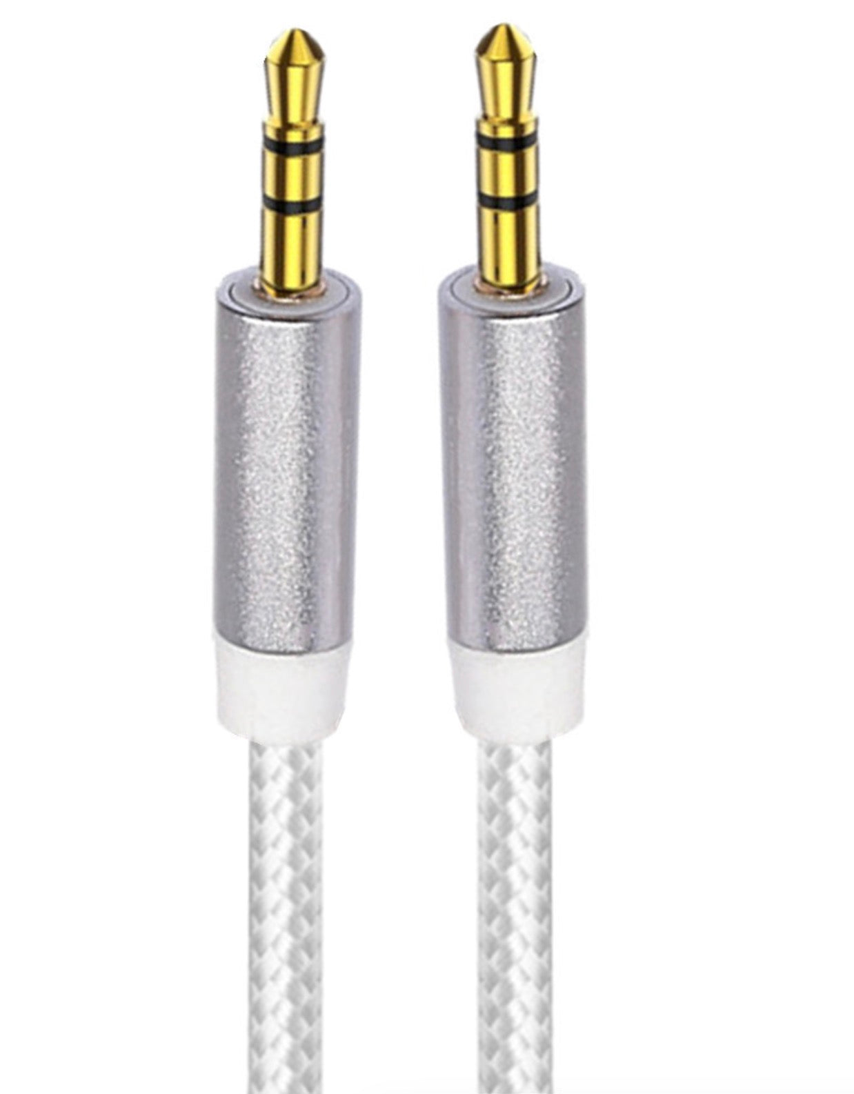 3.5mm male to male white audio cable with gold-plated connectors.