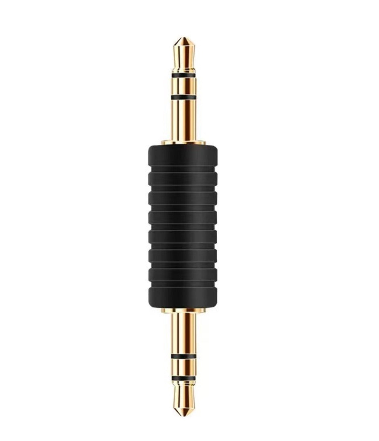 3.5mm male to male stereo audio adapter with a black body and gold-plated contacts.
