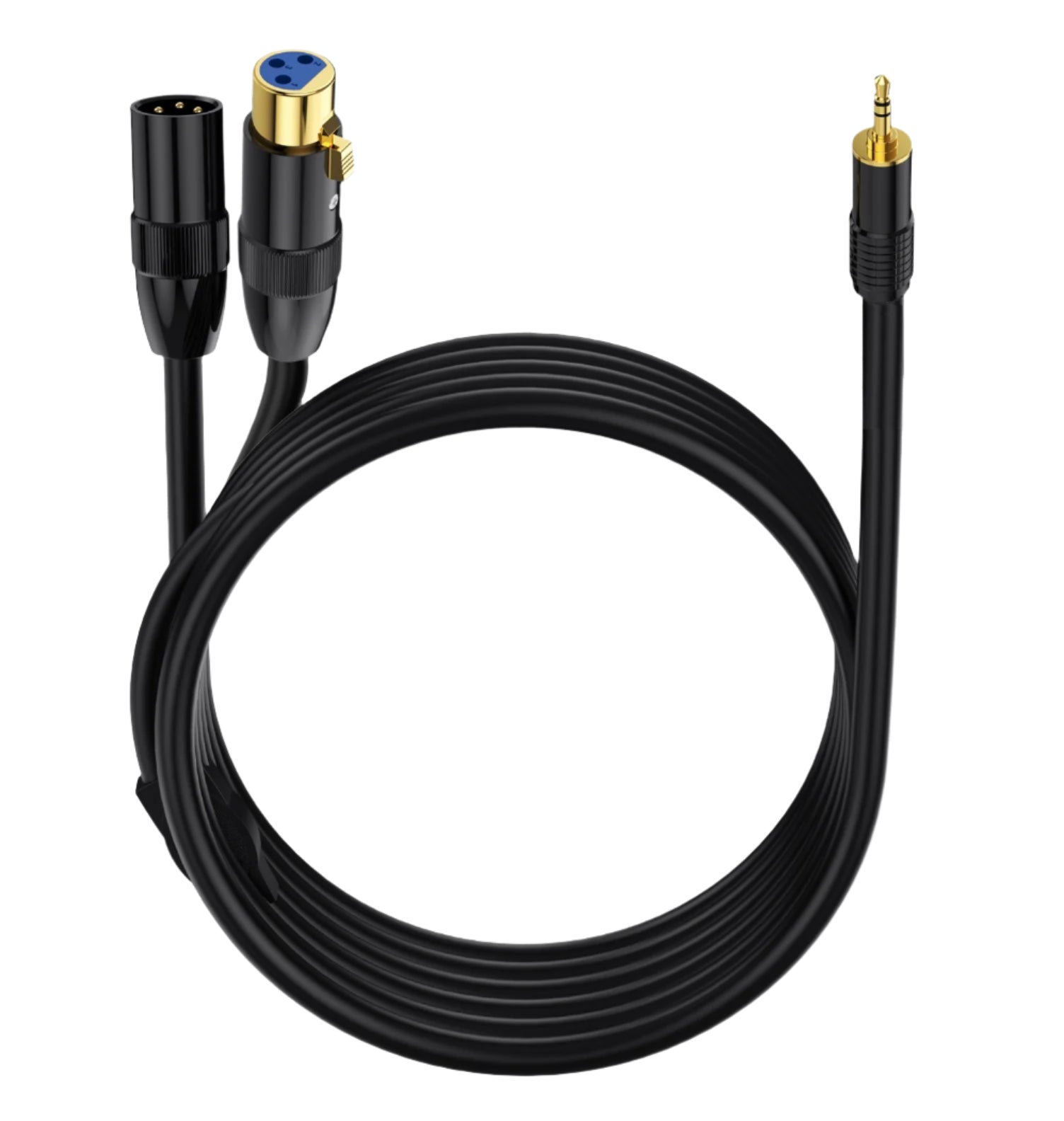 Black audio cable with various connectors on a white background