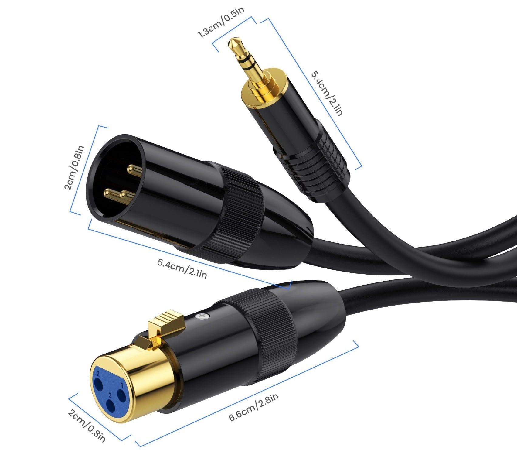 Audio cable with XLR female and 3.5mm male connectors, showing dimensions on a white background.