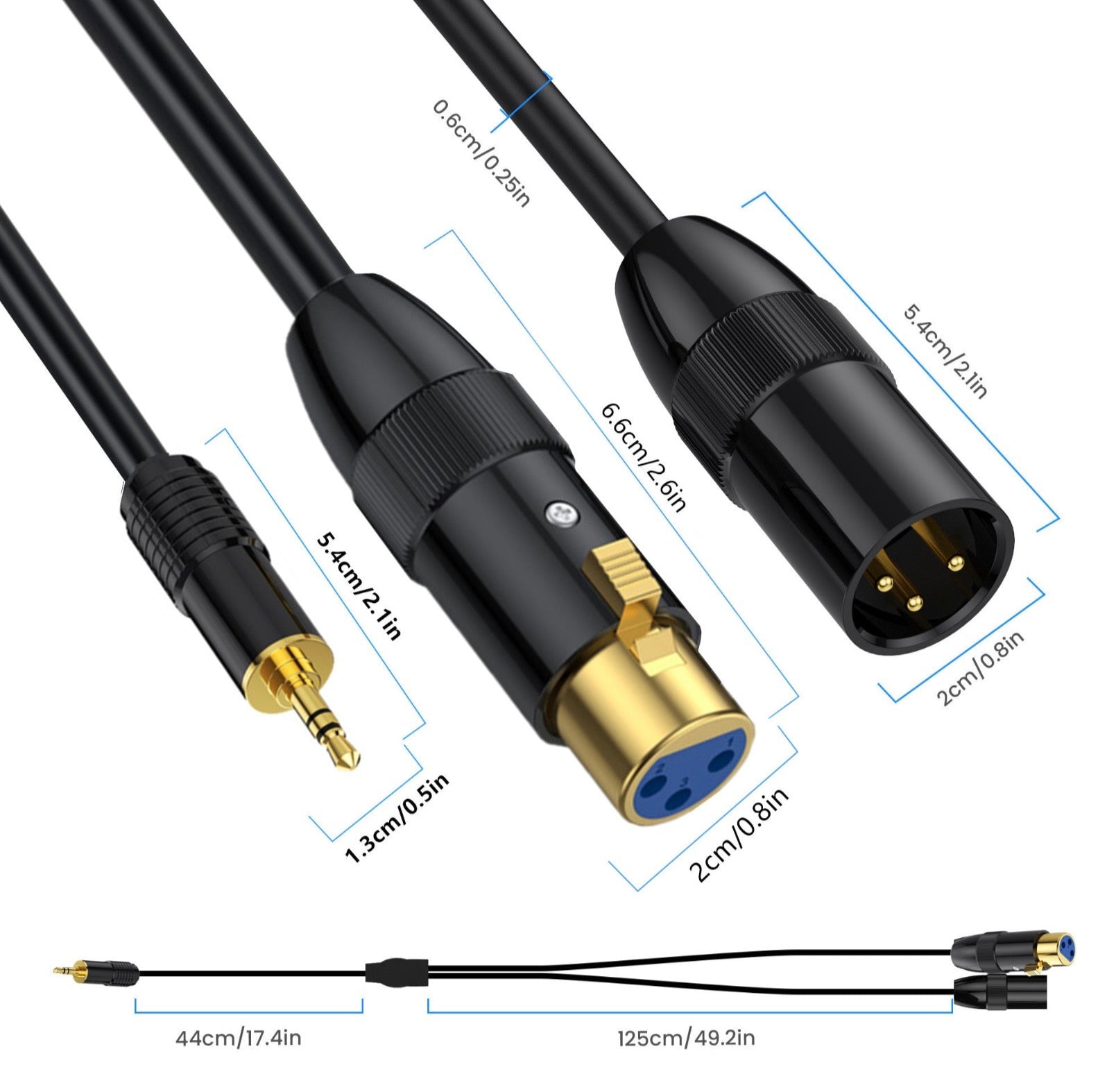 Two audio cables with XLR and RCA connectors, showing dimensions on a white background.