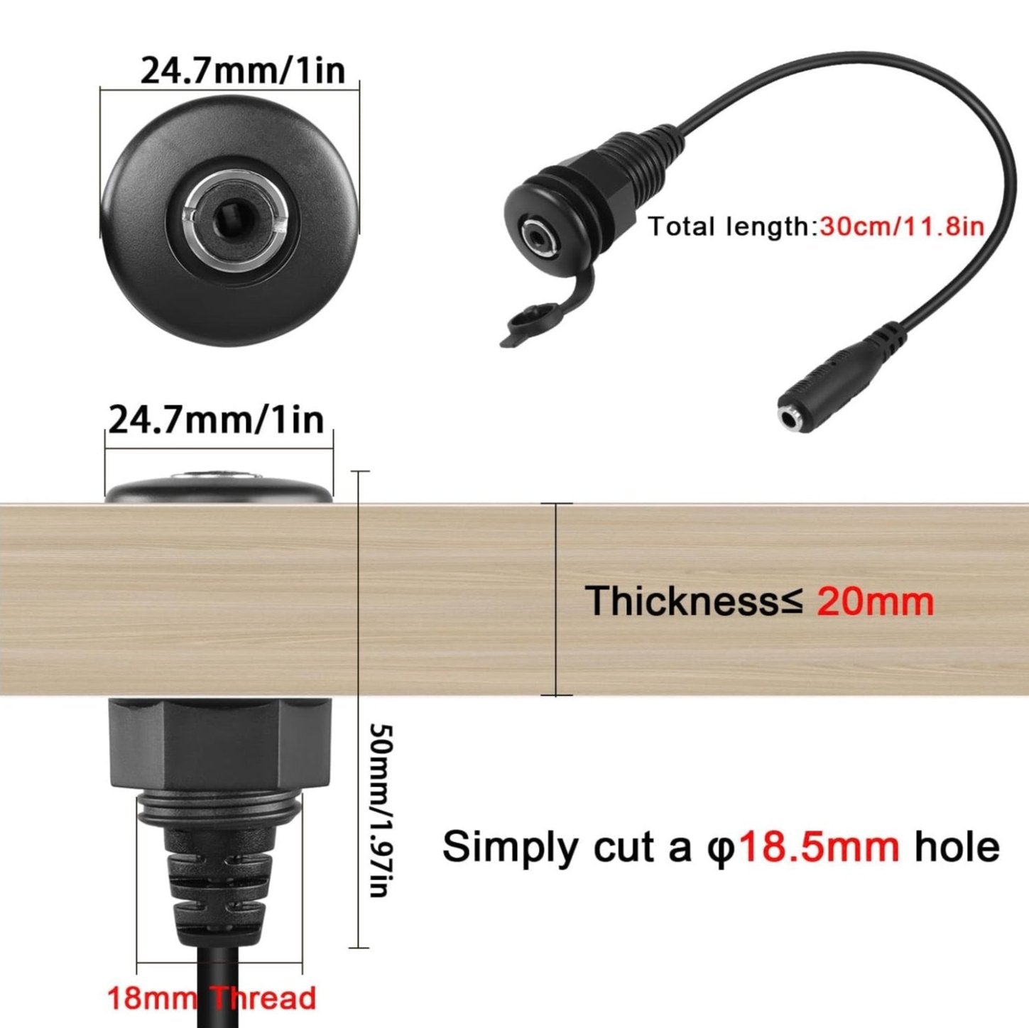 Threaded 3.5mm stereo panel mount audio extension cable