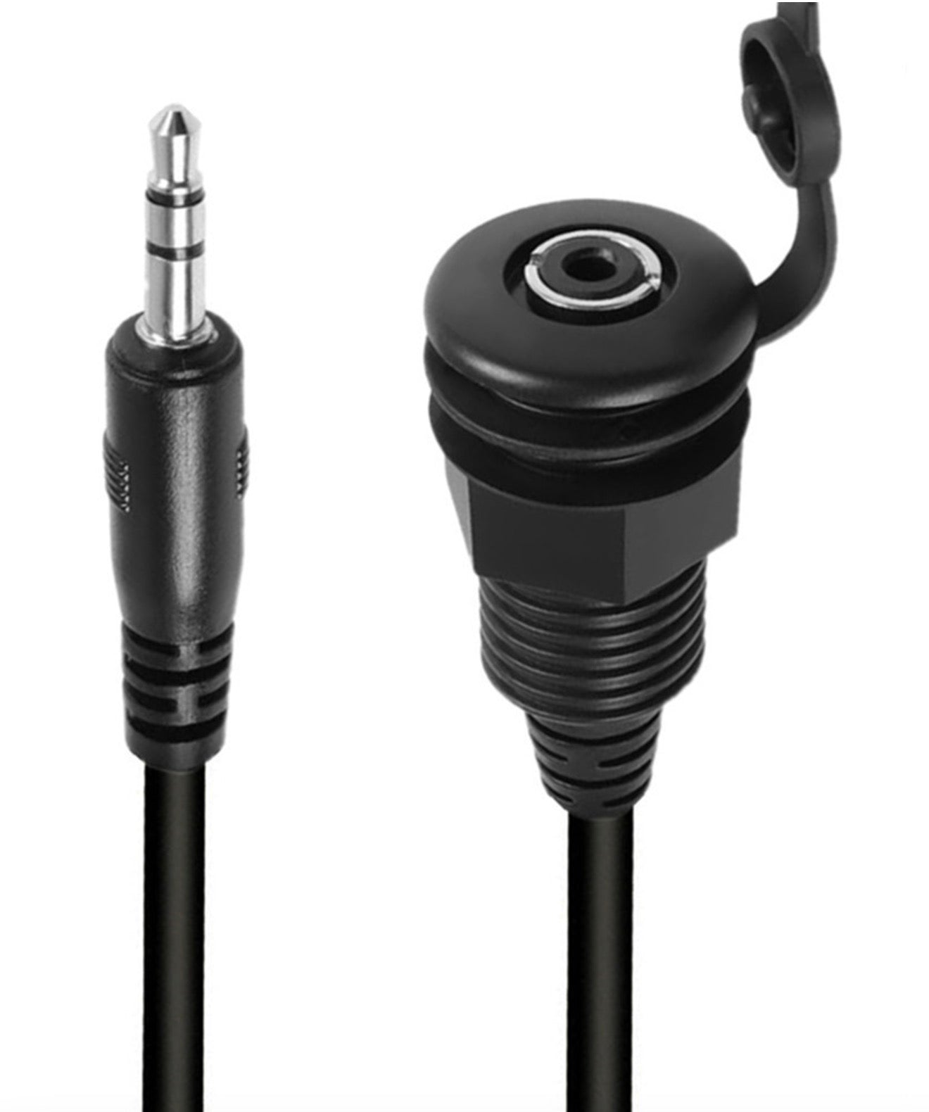 A black 3.5mm TRS male to female threaded fixed waterproof cable with an embedded mount design, showing both the connector and the cable itself.