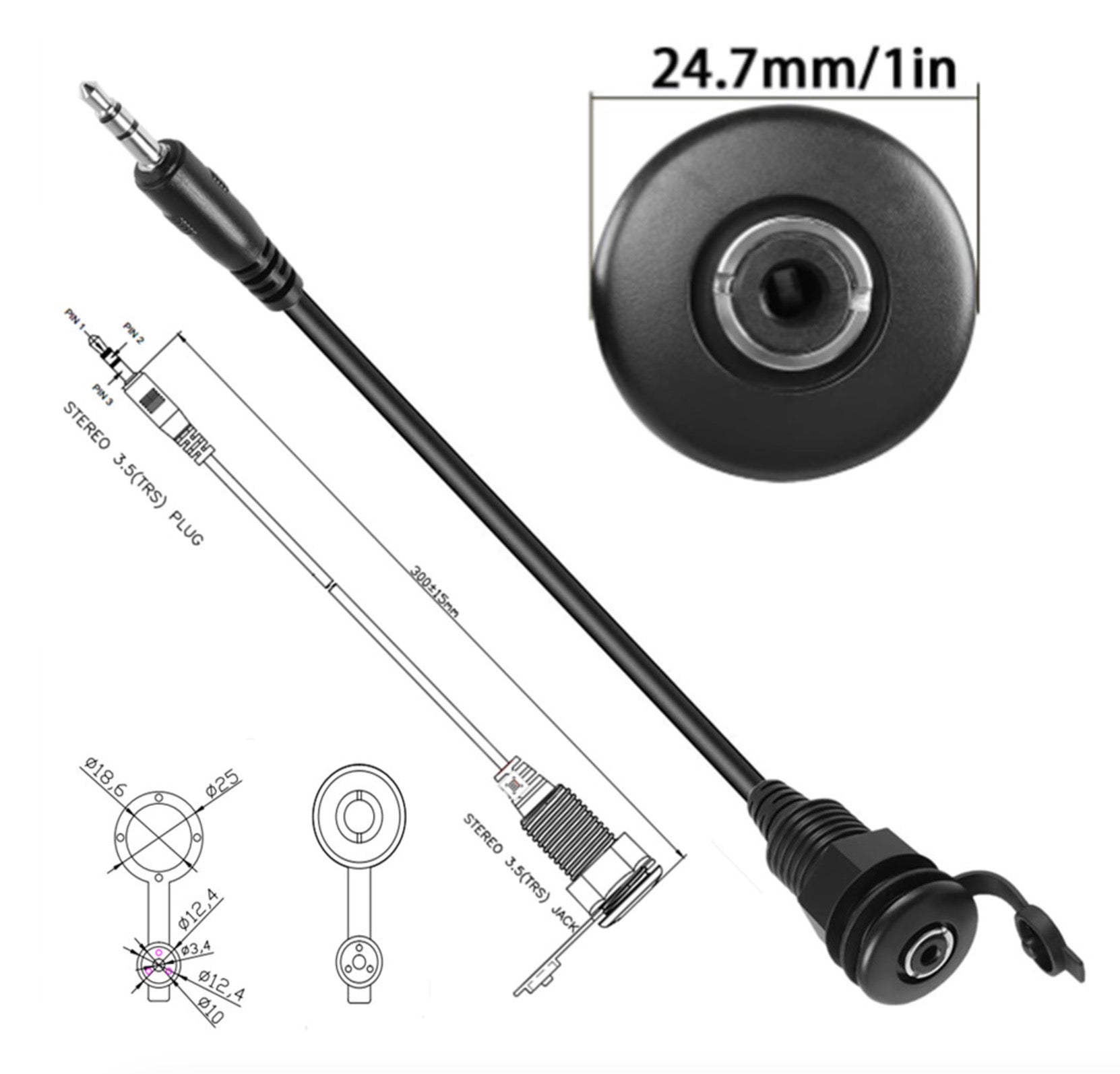 Panel mount 3.5mm TRS male to female audio cable