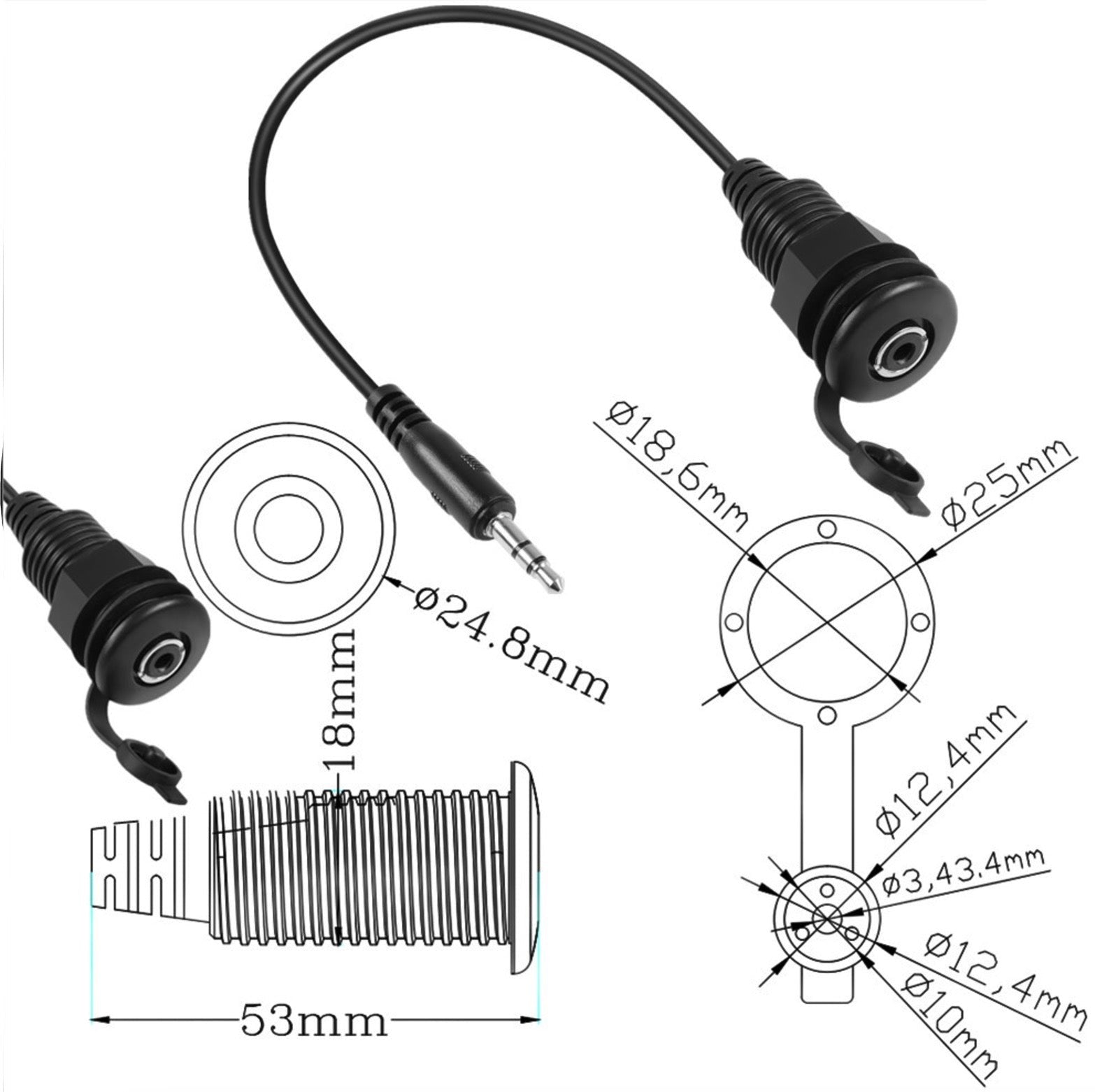 3.5mm stereo embedded mount waterproof audio connector
