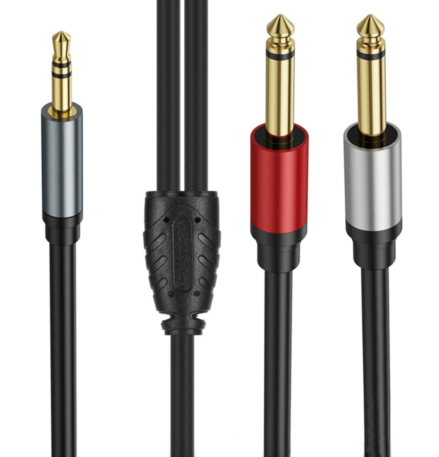 A collection of 3.5mm to 6.35mm audio cables with TRS and TS connectors, available in black, red, and silver colors.