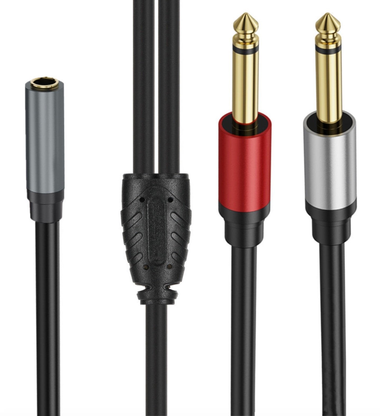 A black cable with a 3.5mm TRS female connector on one end and dual 6.35mm