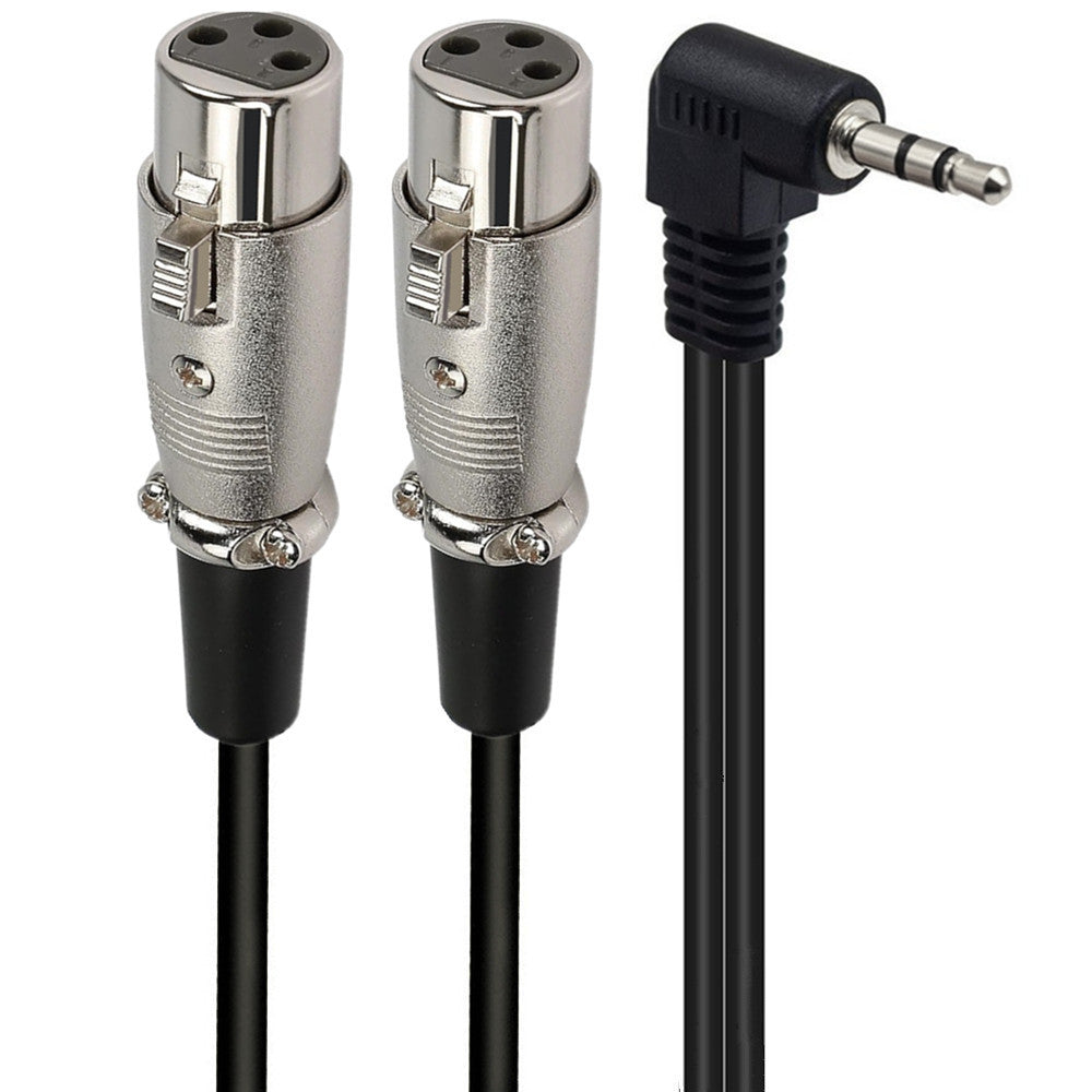 A black 3.5mm TRS 1/8 Inch Male to 2 XLR Female Unbalanced Audio Cable Y Splitter with a zinc alloy casing and PVC jacket.