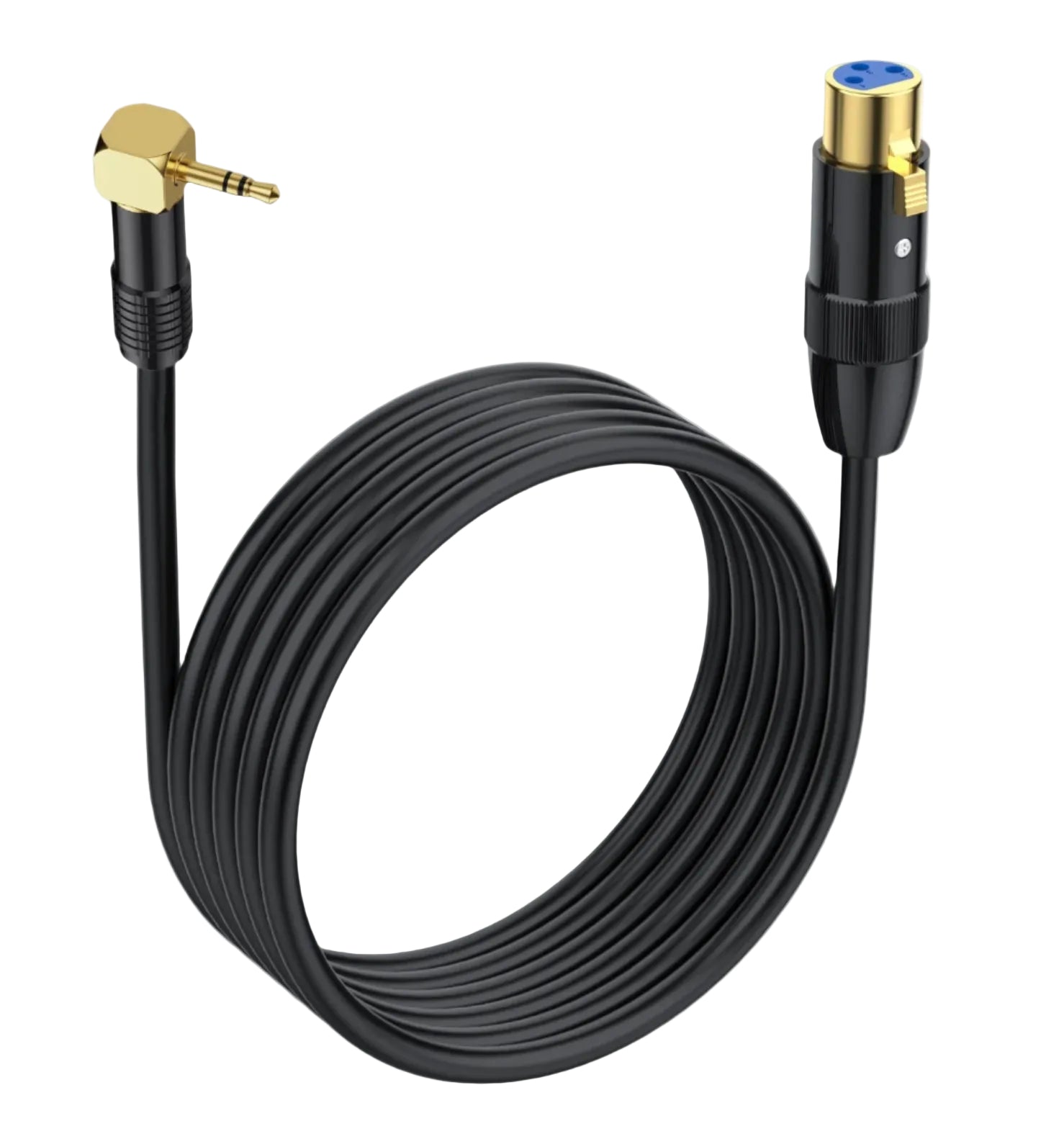 Black audio cable with gold and blue connectors on a white background