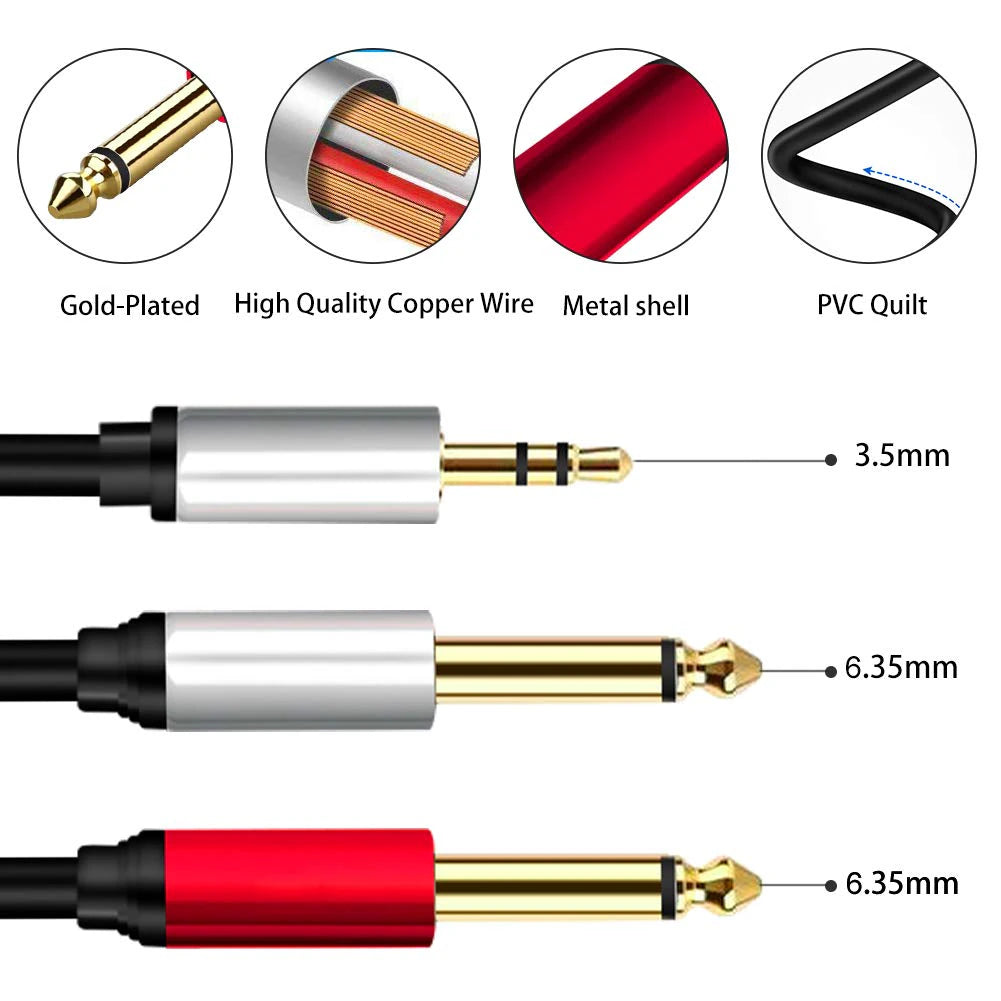 3.5mm TRS to dual 6.35mm TS Y splitter cable 