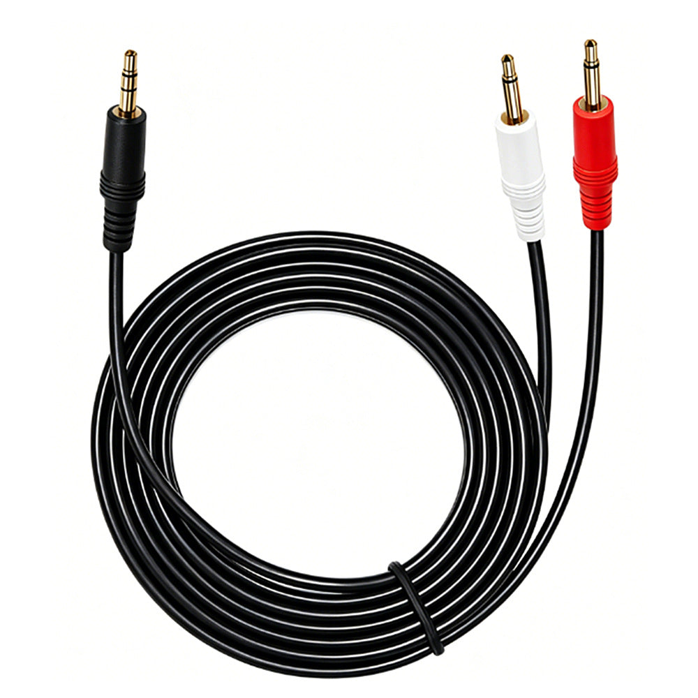 A coiled black audio adapter cable with a 3.5mm jack on one end and two RCA-style connectors on the other, one white and one red, shown on a plain white background.