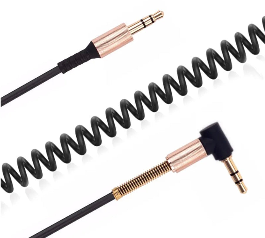 3.5mm coiled AUX cable male to male stereo black gold plated