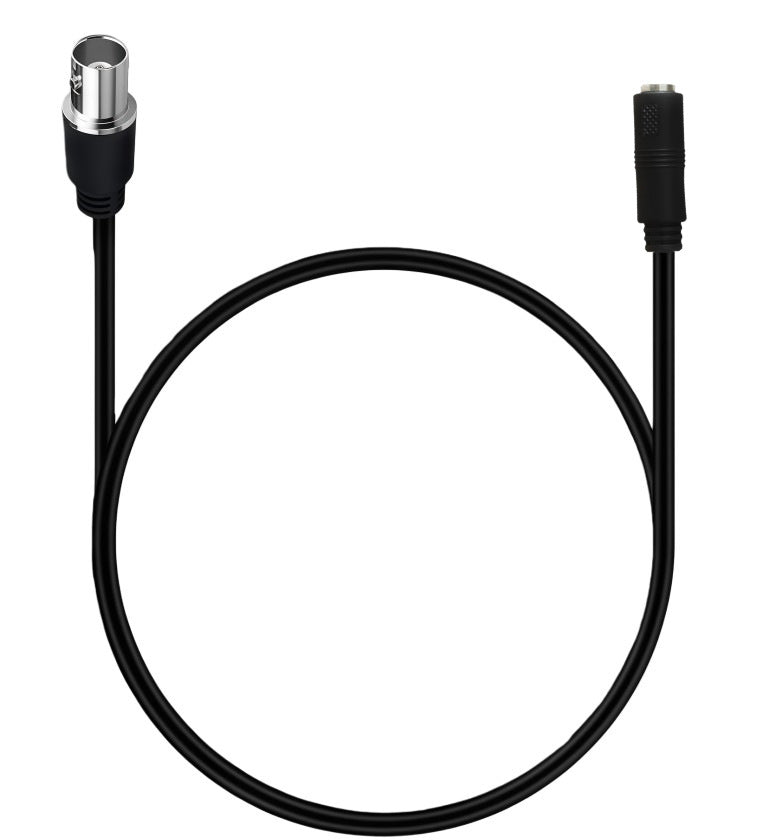 Black audio cable with XLR connectors on a white background
