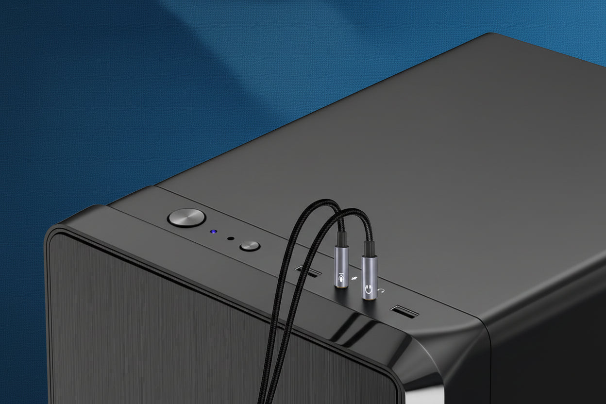 Audio cable connected to electronic device with Chinese text on a blue and gray background