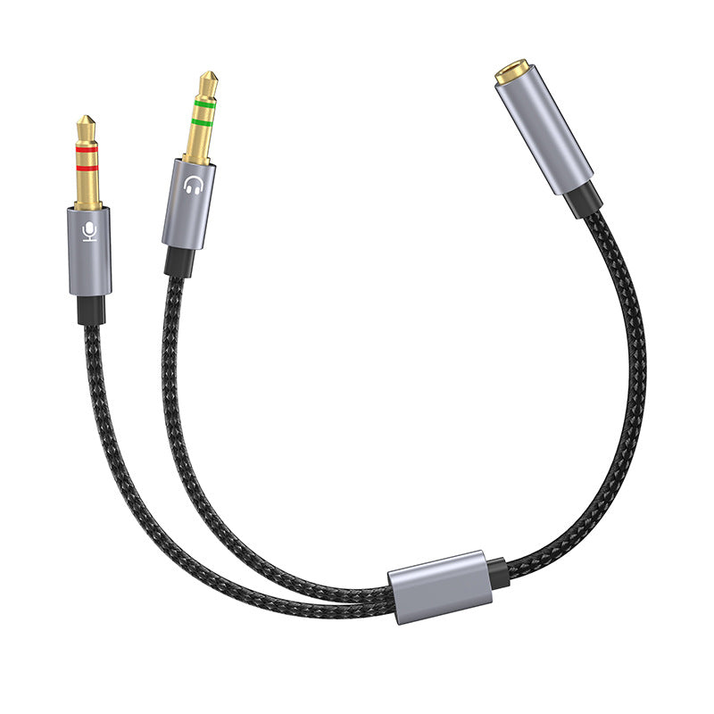 Audio cable with dual 3.5mm connectors on a white background