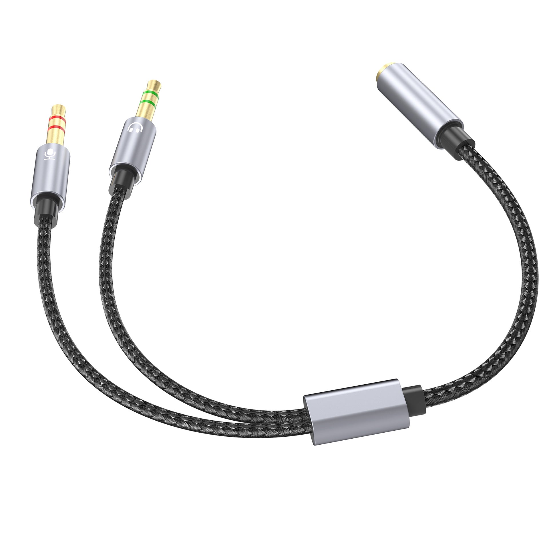 Braided audio cable with three connectors on a white background